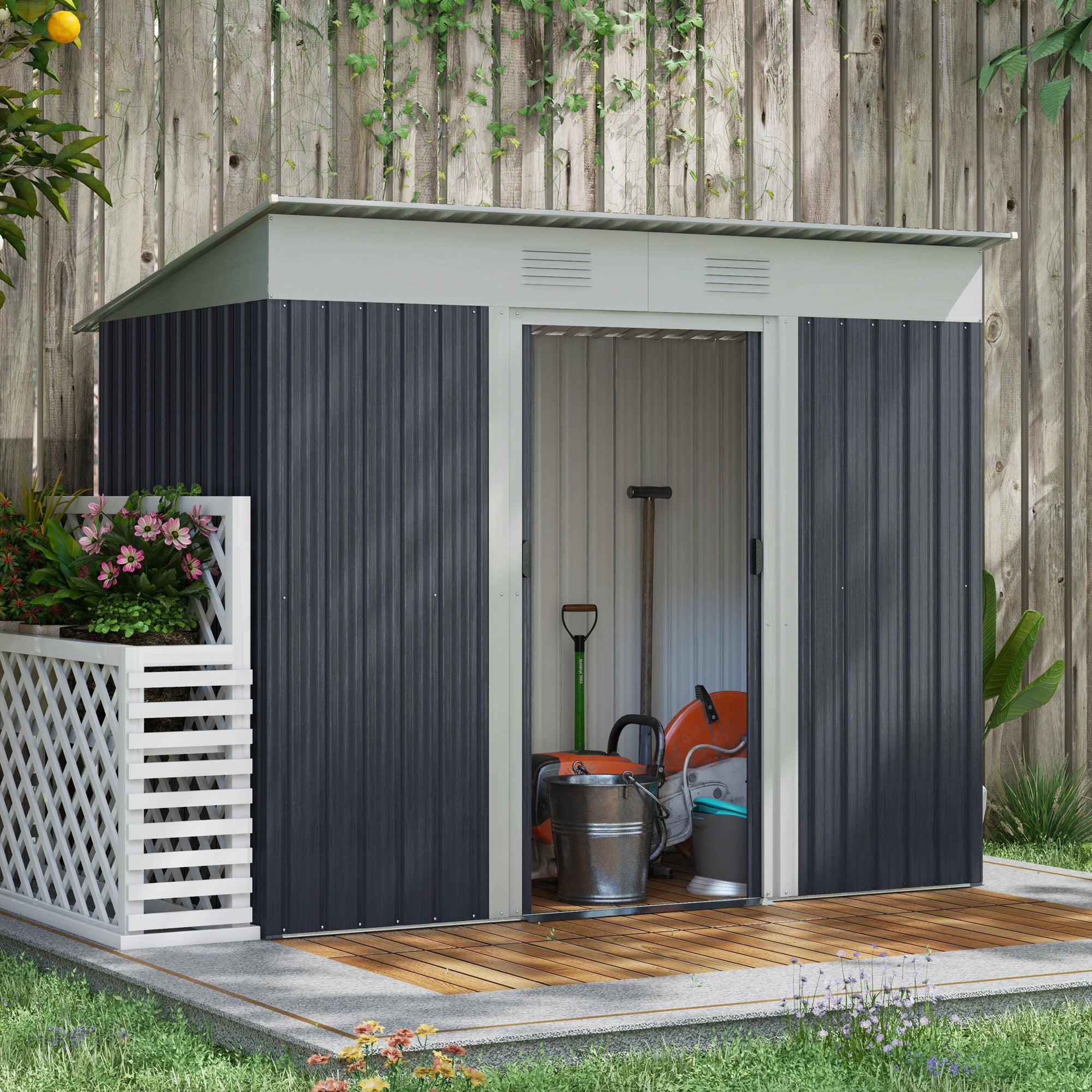 7' x 4' Outdoor Storage Shed, Metal Garden Tool Storage House Organizer with Lockable Sliding Doors and Vents for Backyard Patio Lawn, Charcoal Grey Sheds at Gallery Canada