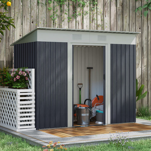 7' x 4' Outdoor Storage Shed, Metal Garden Tool Storage House Organizer with Lockable Sliding Doors and Vents for Backyard Patio Lawn, Charcoal Grey