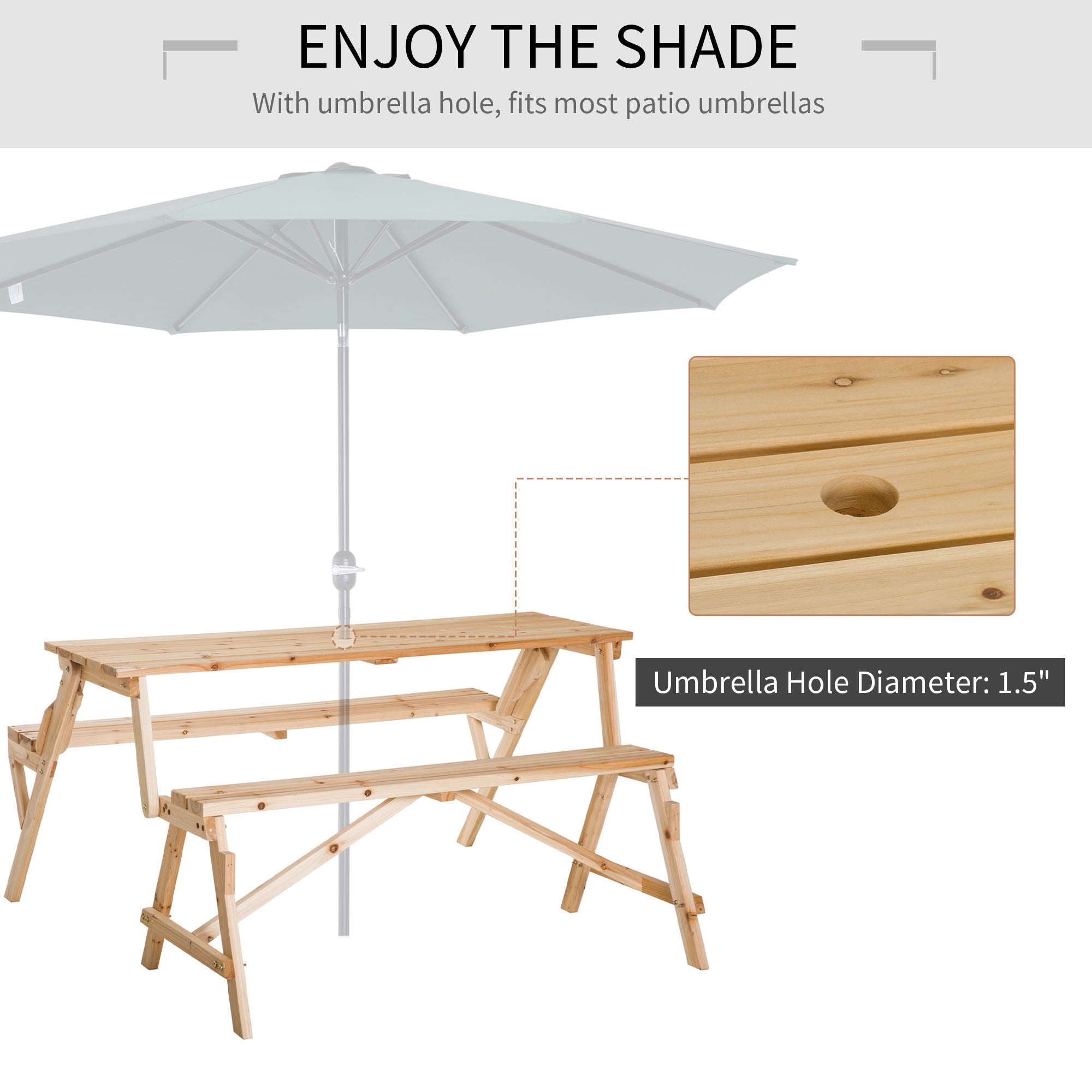 Patio Wooden Folding Picnic Table with Benches, Outdoor 2 in 1 Convertible Patio &; Garden Bench, Foldable Picnic Table with Umbrella Hole, Nature Outdoor Dining Sets at Gallery Canada