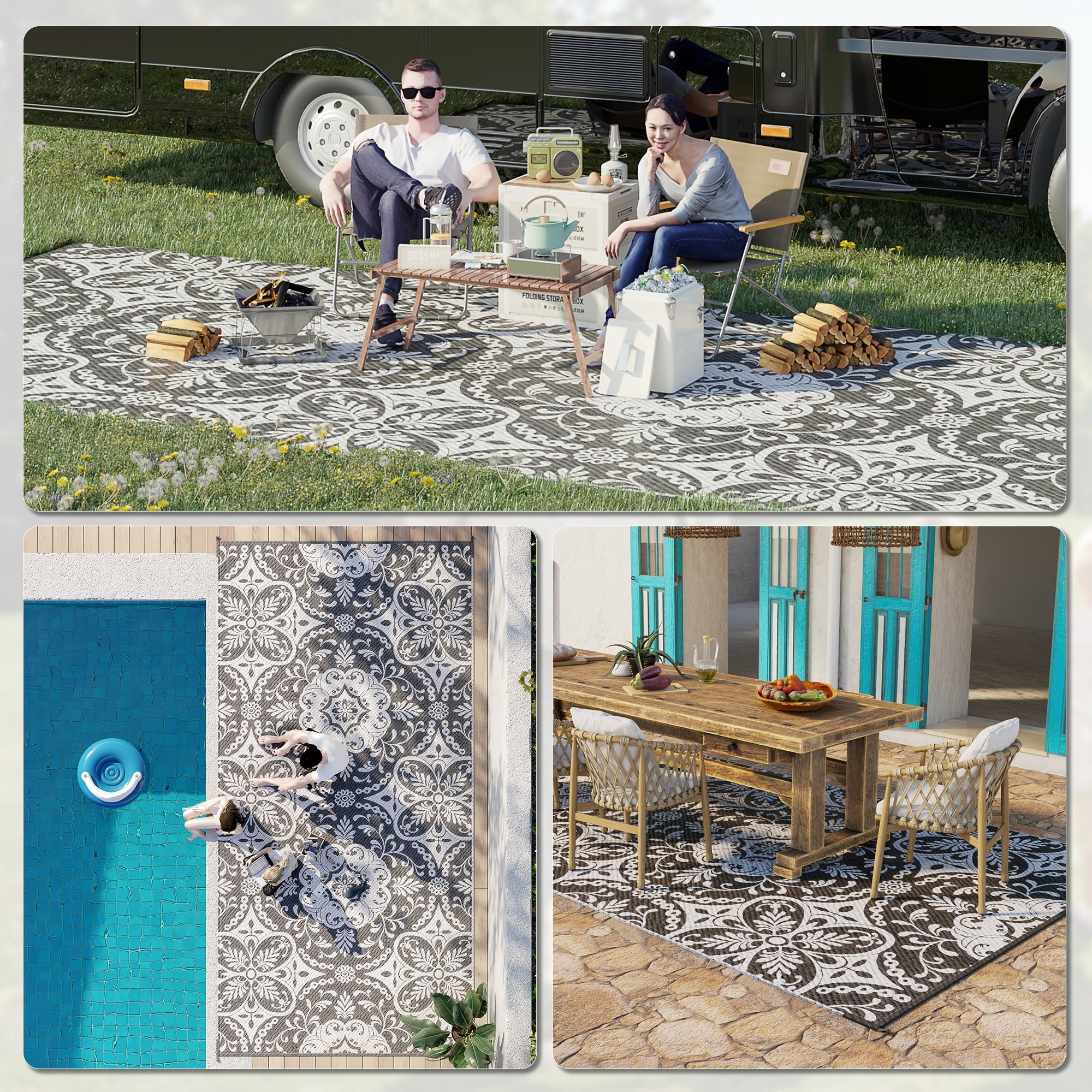 Portable Outdoor Rug with Carry Bag, 9' x 18' Reversible Mat, Waterproof Plastic Straw RV Rug for Backyard, Deck, Picnic, Beach, Camping, Gray &; White Flower Outdoor Reversible Rugs at Gallery Canada