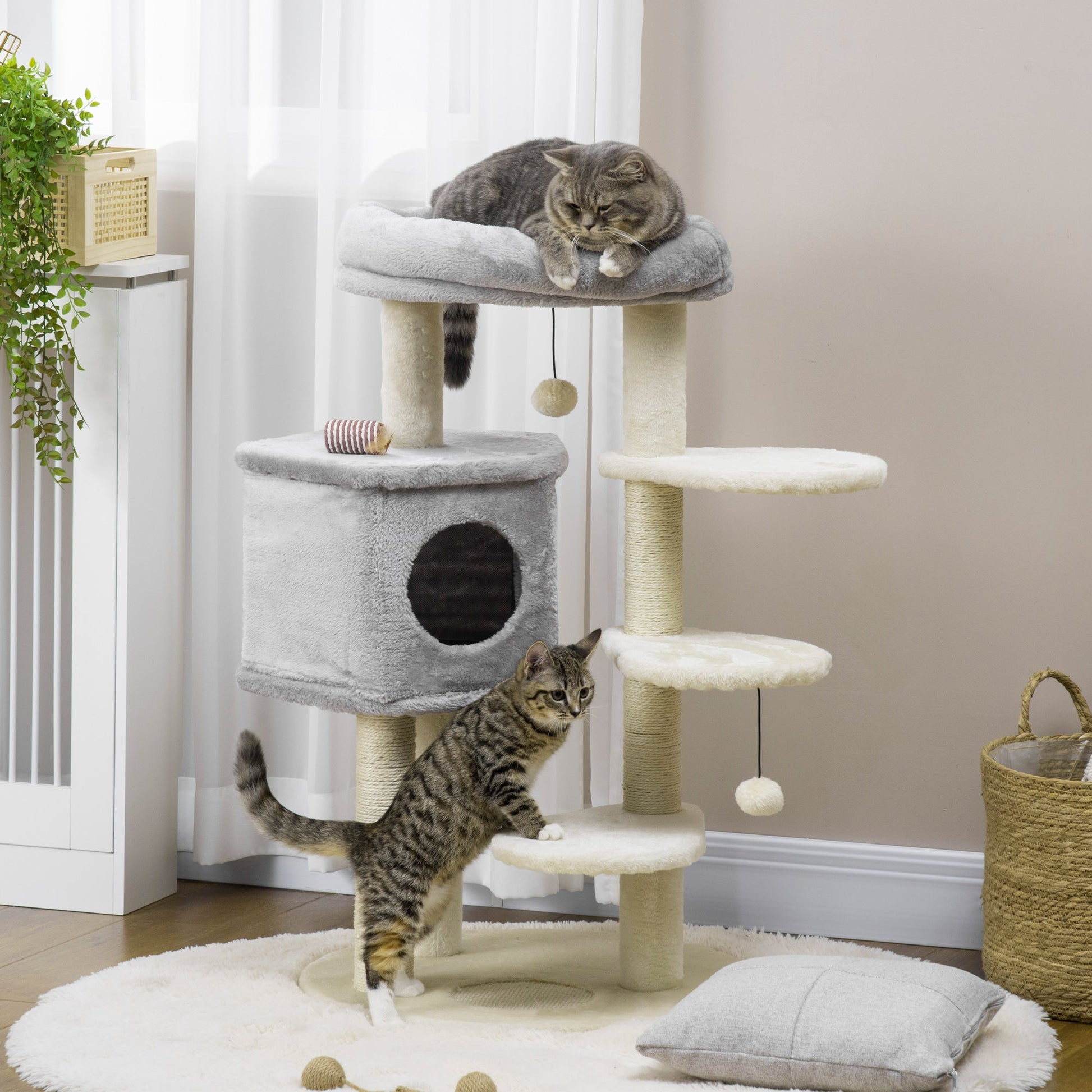 37" Cat Tree for Indoor Cats, Cat Tower, Kitty Activity Center with Cat Bed Condo Hanging Ball Toys Sisal Rope Scratching Post, Light Grey Cat Towers   at Gallery Canada