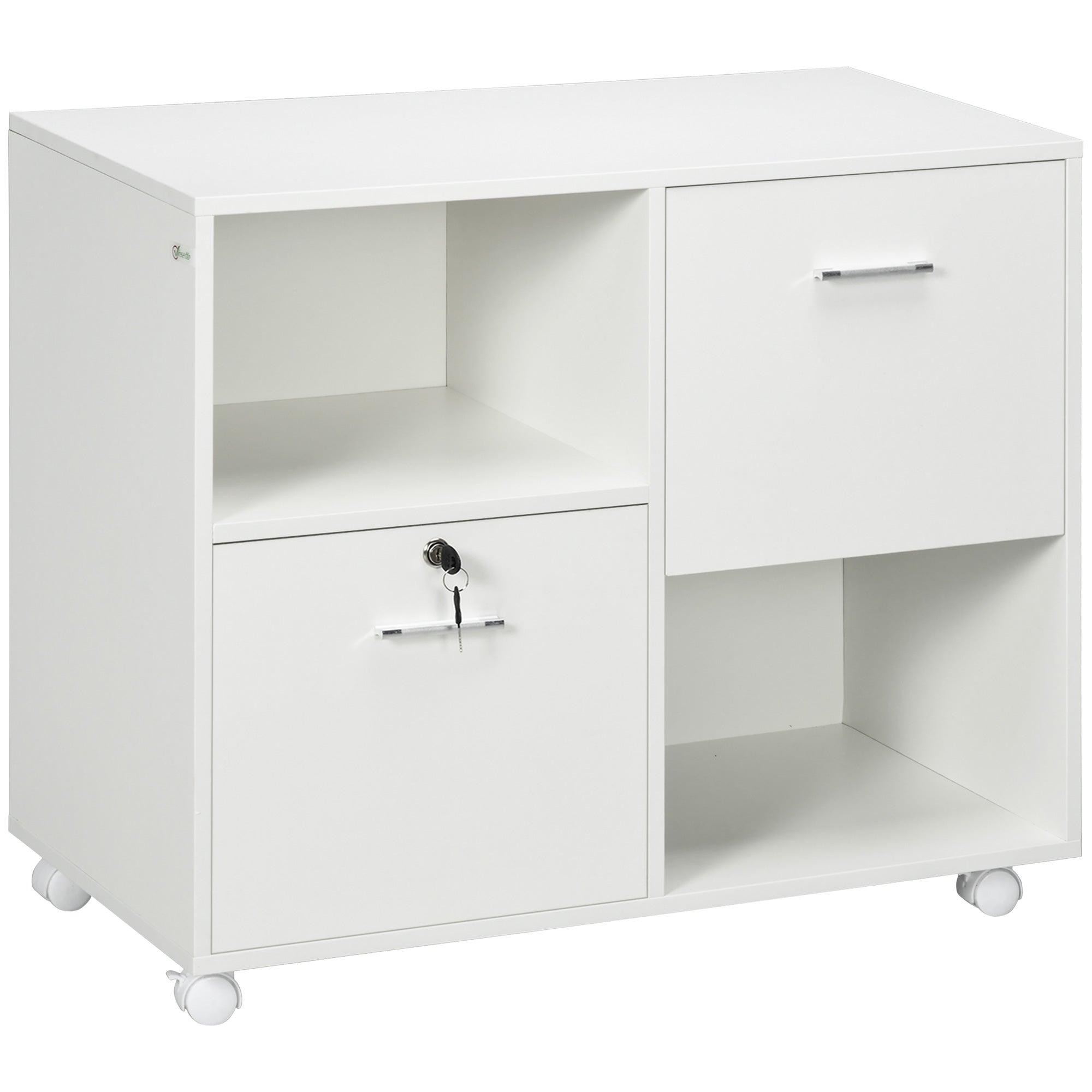 Lateral Filing Cabinet with Drawers and Lock, File Cabinet, Mobile Printer Stand with Open Shelves and Wheels for Letter and A4 Size Documents, White Office Cabinets & Cupboards at Gallery Canada