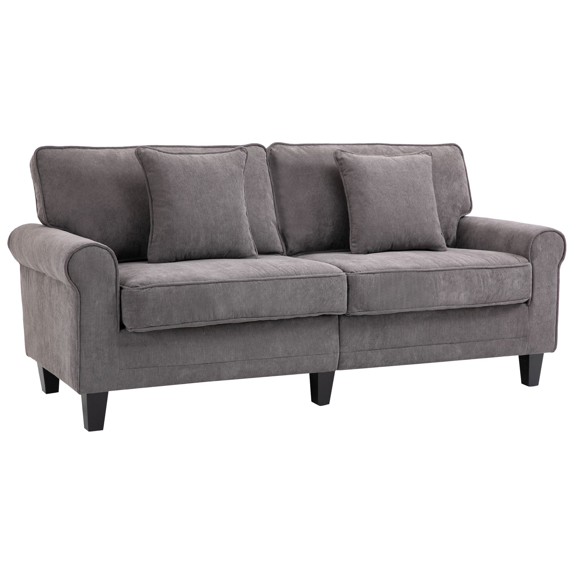 Modern 3 Seater Sofa, Corduroy Fabric 3 Seater Couch with Pine Wood Legs and Rolled Armrests for Living Room, Light Grey 3-Seater Sofas   at Gallery Canada