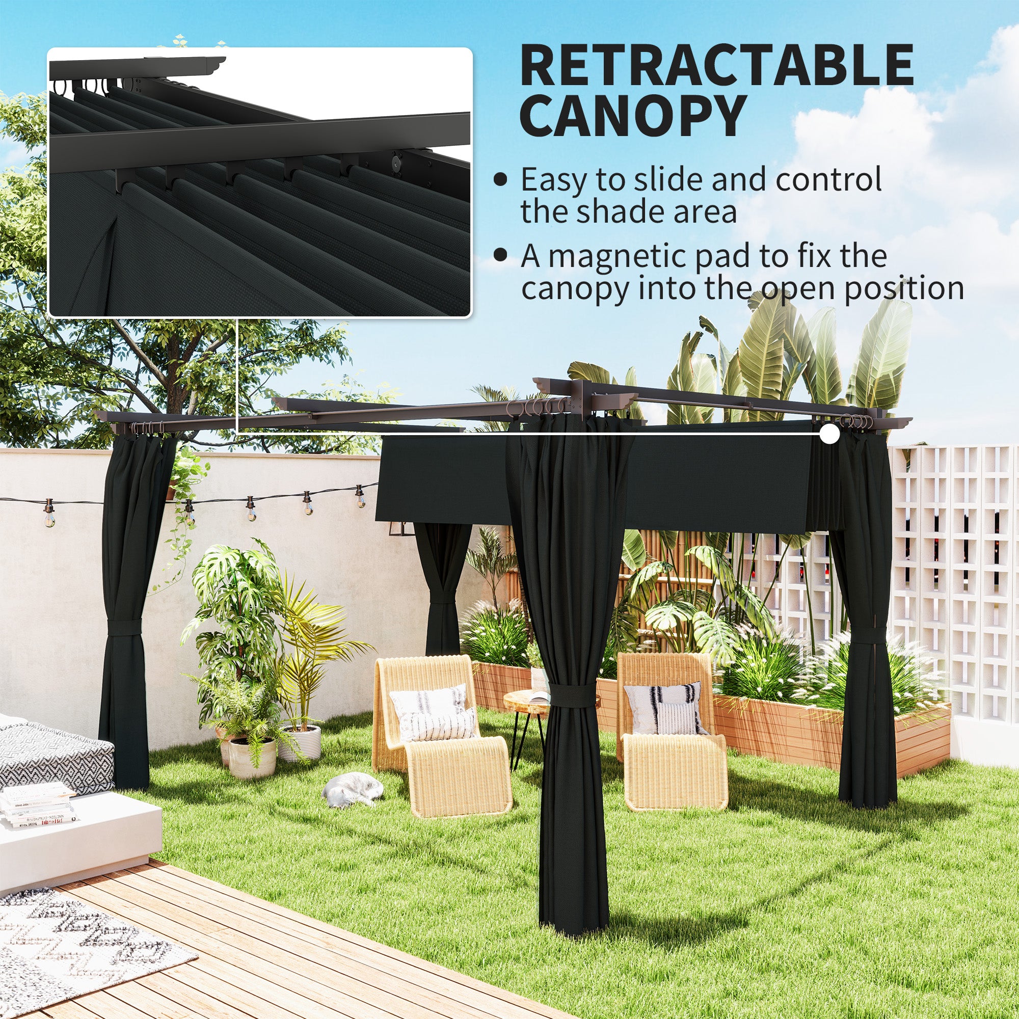 10' x 13' Pergola with Retractable Canopy and Curtains, UPF30+ Sun Shade Shelter for Grill, Garden, Backyard, Deck Pergolas at Gallery Canada