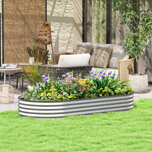 7' x 3' x 1' Large Outdoor Planter Box, Galvanized Raised Garden Bed with Metal Plant Stake, Silver