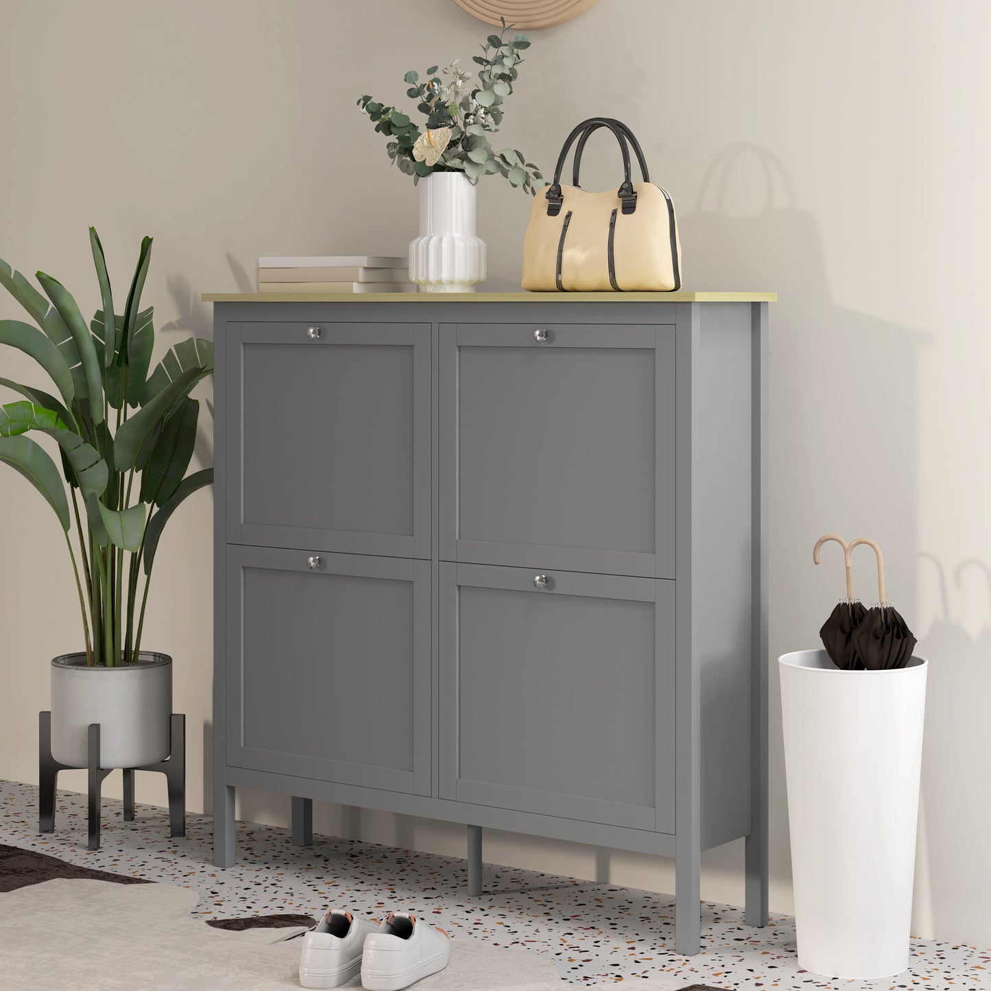 Entryway Shoe Storage Cabinet with 4 Flip Drawers, Adjustable Shelves, Narrow Shoe Cabinet for 20 Pairs of Shoes, Grey Shoe Storage Cabinets & Racks Grey  at Gallery Canada