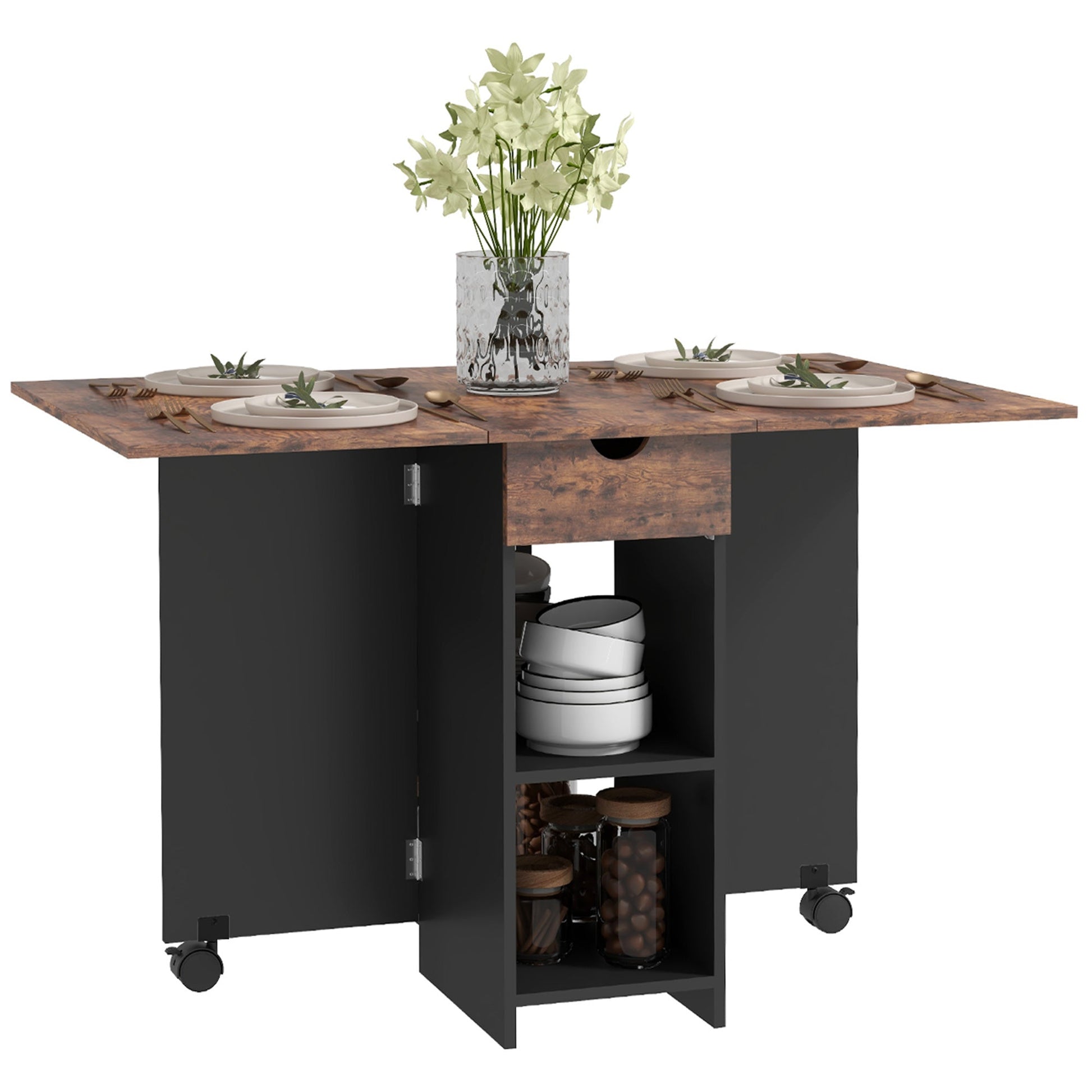 Folding Dining Table with Storage, Drop Leaf Kitchen Table with Drawer and Shelves for Small Spaces, Rustic Brown Bar Tables & Dining Tables Rustic Brown  at Gallery Canada