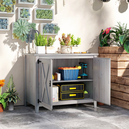 Wooden Outdoor Storage Cabinet, Garden Shed Potting Shed with Shelf and Double Doors, Light Grey Sheds at Gallery Canada