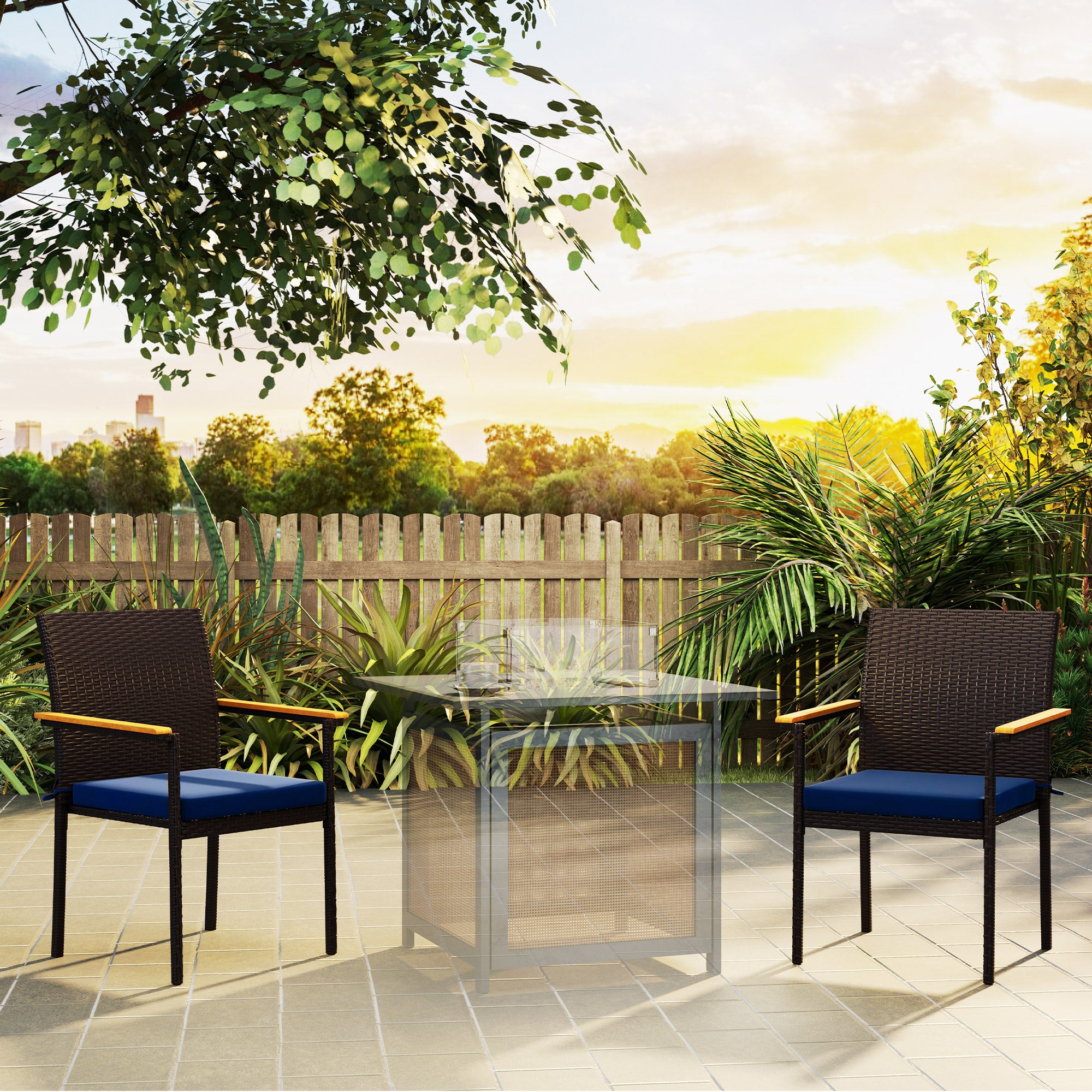 Stackable Wicker Patio Chairs Set of 2 with Removable Cushion, Armrest for Garden, Porch, Yard, Navy Blue Patio Chairs at Gallery Canada