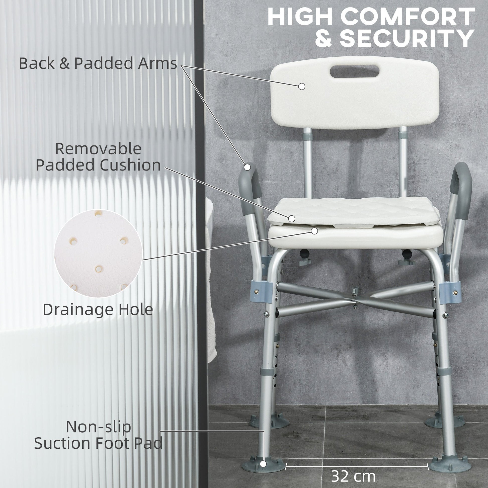 Padded Shower Chair with Back and Arms, 396lbs Capacity, Tool-Free Assembly, White Bath Chairs   at Gallery Canada