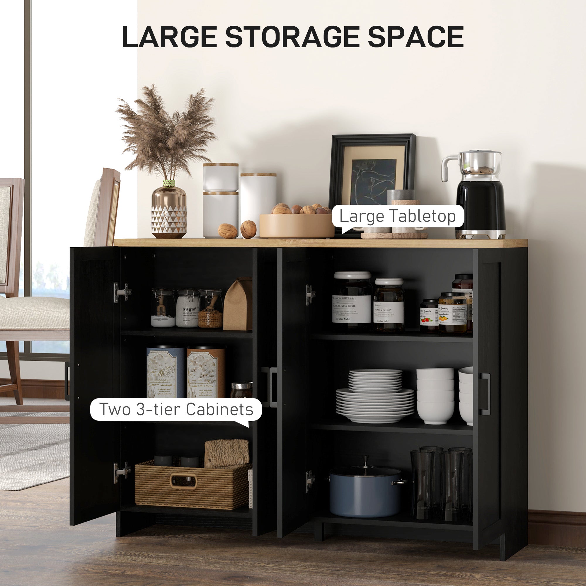 Modern Sideboard Buffet Cabinet, Modern Kitchen Storage Cabinet with 4 Doors Adjustable Shelves, for Dining Room, Black Storage Cabinets at Gallery Canada