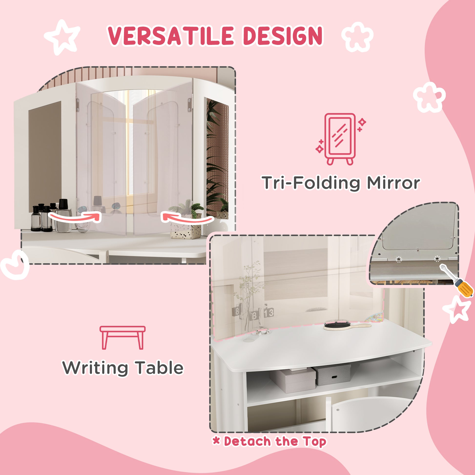 2 in 1 Kids Vanity Set Makeup Dressing Table Pretend Play Set with Tri-Folding Mirror, Stool, Storage Shelf Toy Vanity   at Gallery Canada