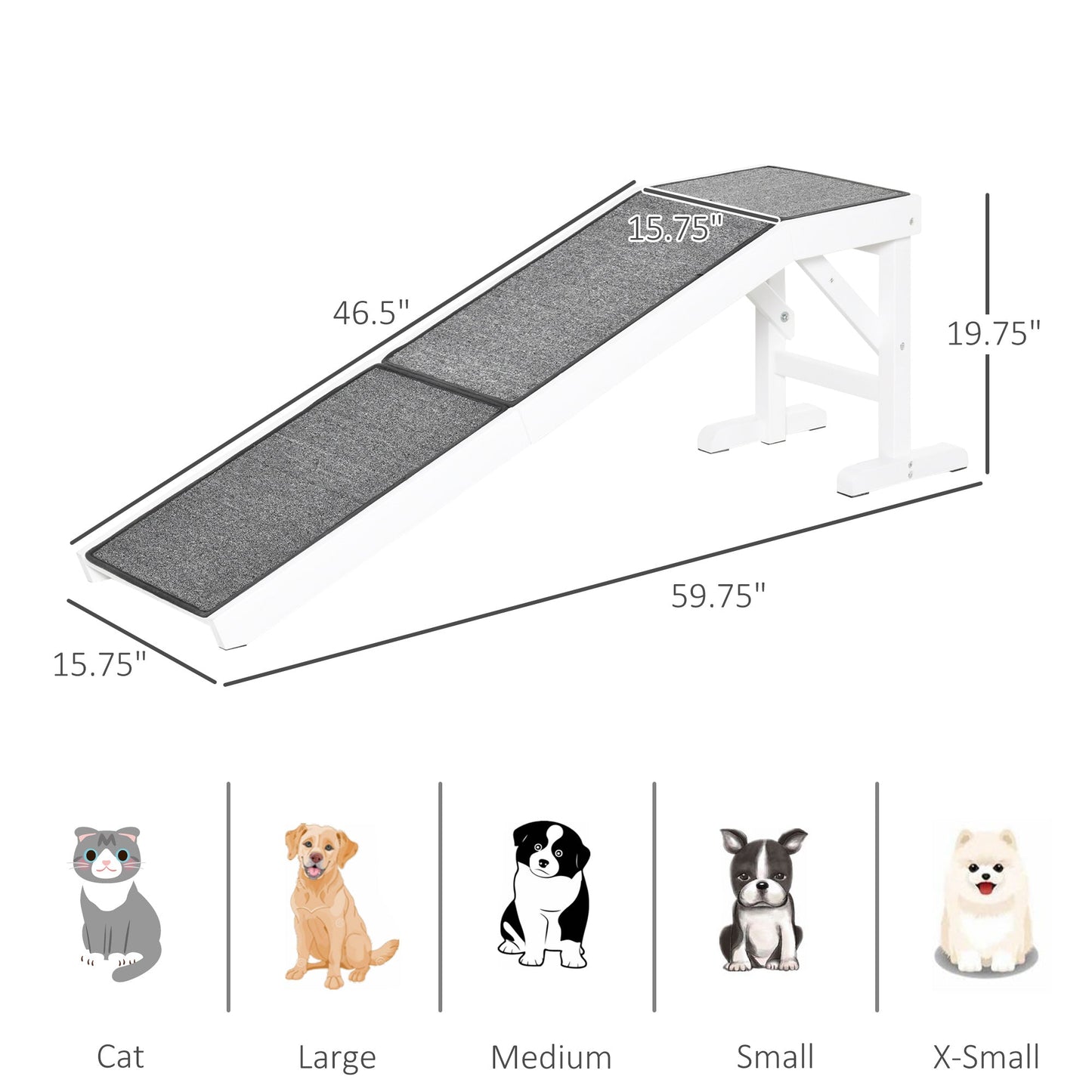 Pet Ramp Bed Steps for Dogs Cats Non-slip Carpet Top Platform Pine Wood 59"L x 16"W x 20"H White Grey Dog Stairs   at Gallery Canada