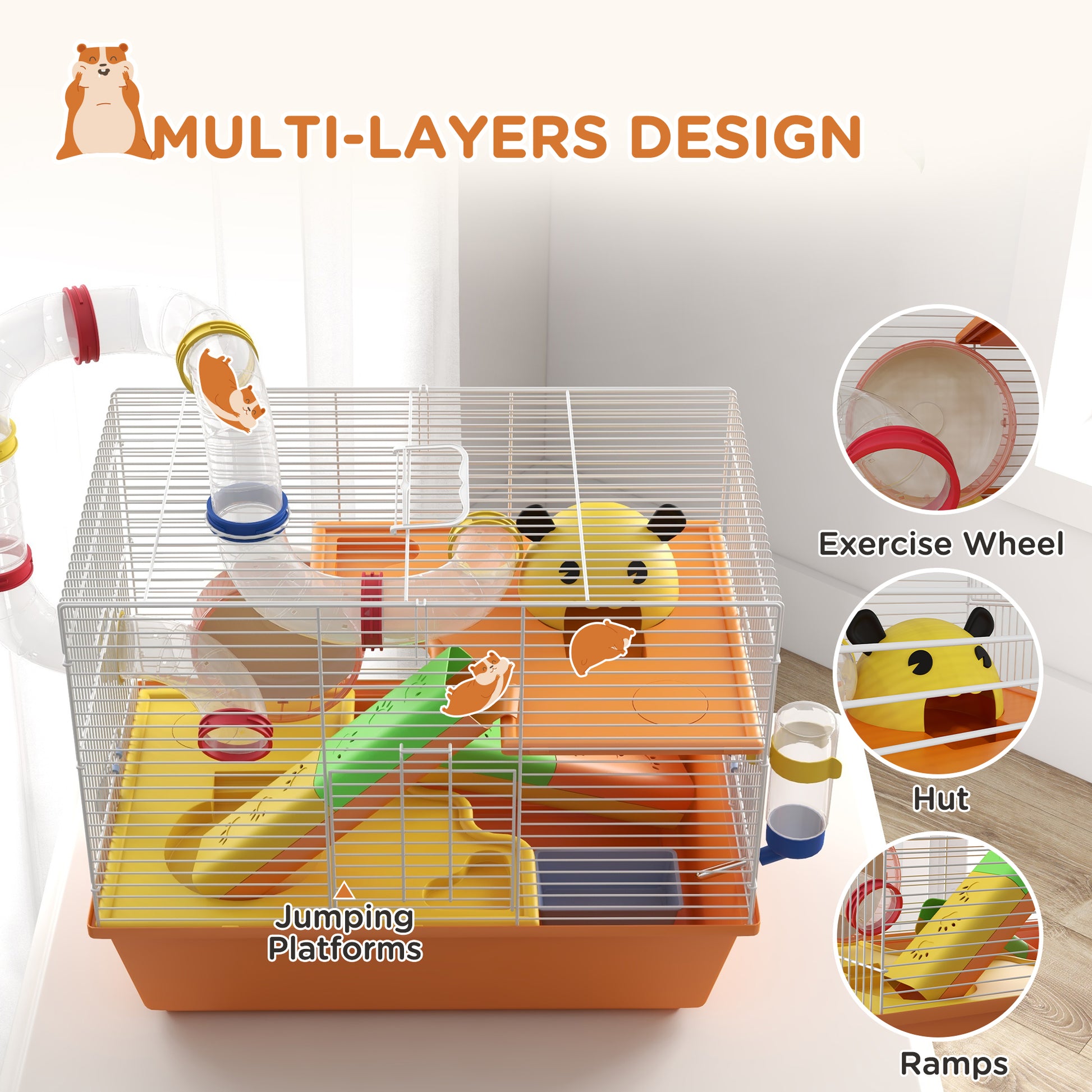 3 Tiers Hamster Cage for Gerbil, Dwarf Hamster with Tunnels, Water Bottle, Exercise Wheel, 18" x 11" x 15" - Orange Hamster Cages   at Gallery Canada