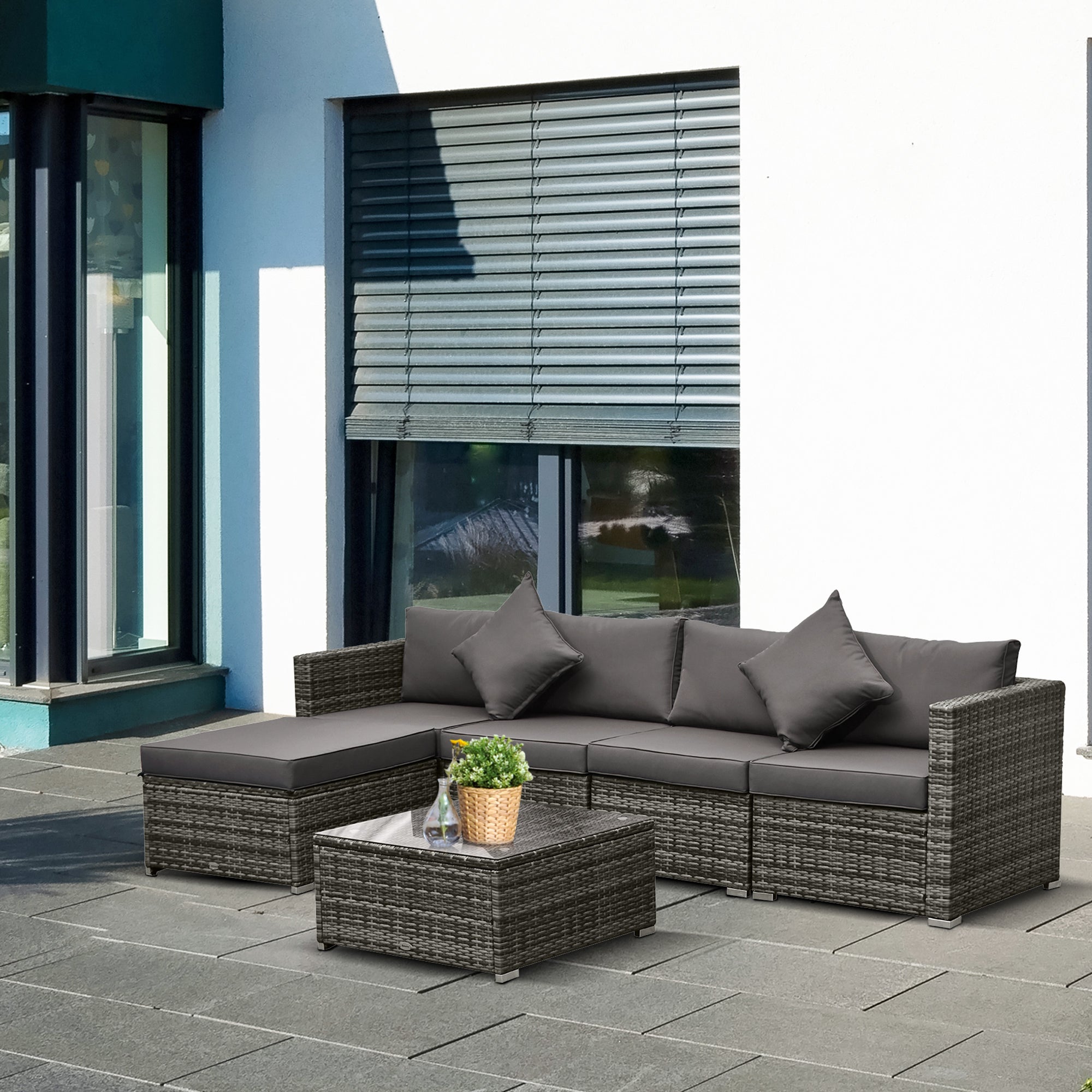6 Pieces Outdoor PE Rattan Wicker Patio Furniture Sofa Set with Thick Cushions, Deluxe Garden Sectional Couch with Glass Top Table, Mixed Grey and Charcoal Patio Furniture Sets at Gallery Canada