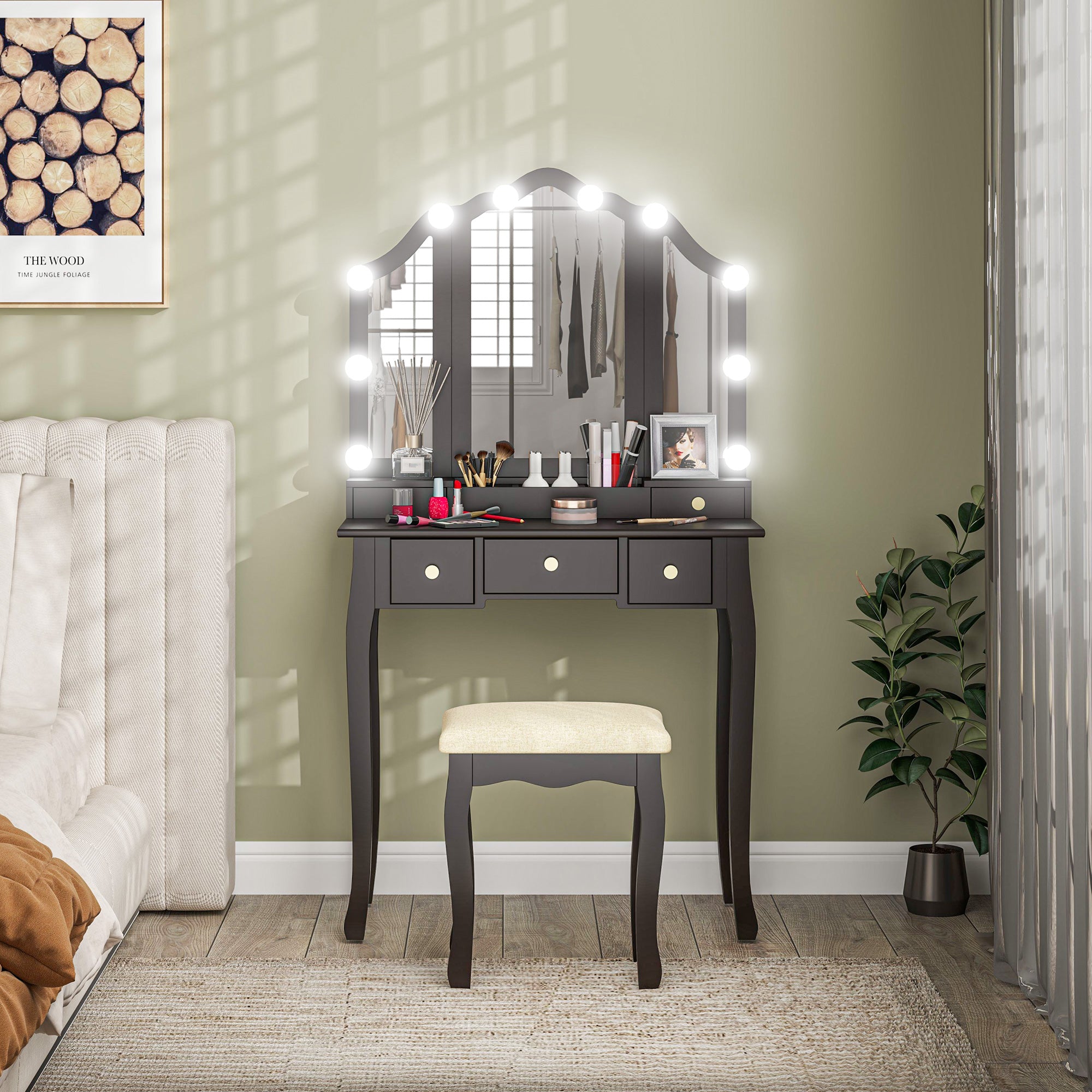 Makeup Vanity Desk with Mirror and Stool, Vanity Set with 10 LED Lights, 5 Drawers and 3 Compartments, Black Dressing & Vanity Tables at Gallery Canada