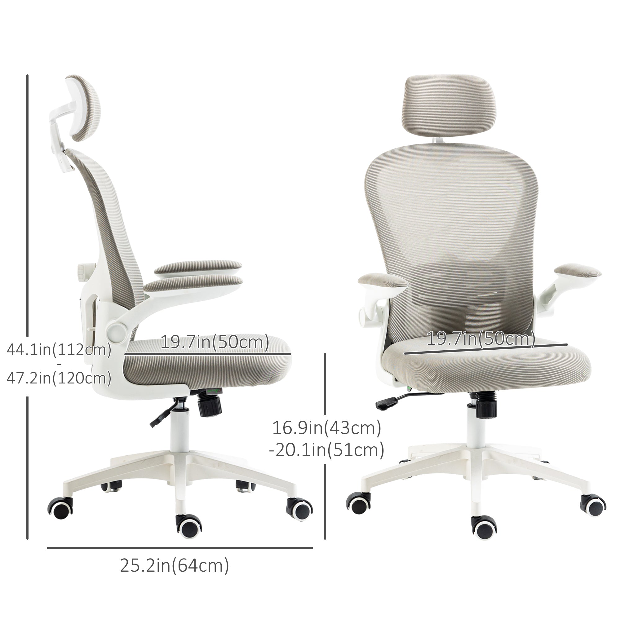 Office Chair, Mesh Computer Desk Chair with Adjustable Headrest, 4D Lumbar Support, Flip-up Arm, Grey Task Chairs   at Gallery Canada