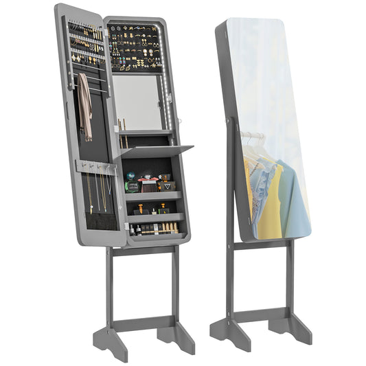 Standing Mirror Jewelry Cabinet, Jewelry Storage Cabinet with LED Lights and Angle Adjustable Full Length Mirror, Grey Jewelry Armoire & Jewellery Mirror Cabinets   at Gallery Canada