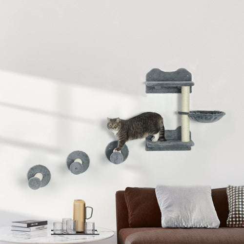 4Pcs Cat Wall Shelf with Scratching Posts, Hammock, Steps, Platforms, Cat Shelves for Relaxing, Sleeping, Jumping, Cat Wall Climber for Indoor Cats, Grey