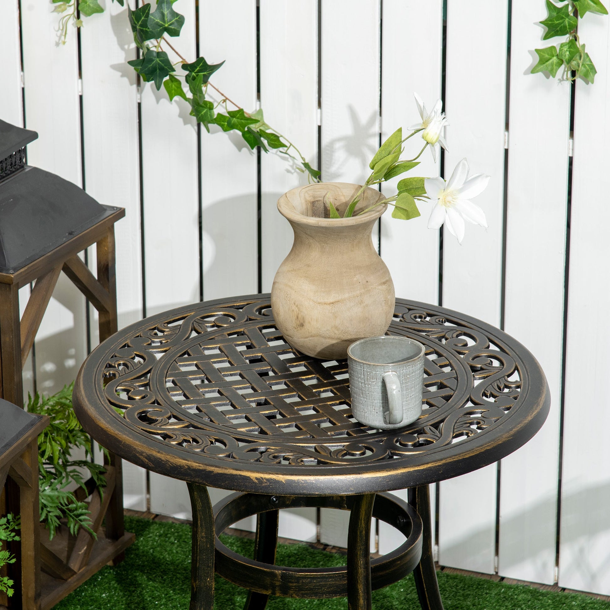 Ф23.6" Round Outdoor Side Table, Cast Aluminum Frame Patio Coffee Side Desk for Patio, Garden, Balcony, Bronze Patio Side Tables   at Gallery Canada