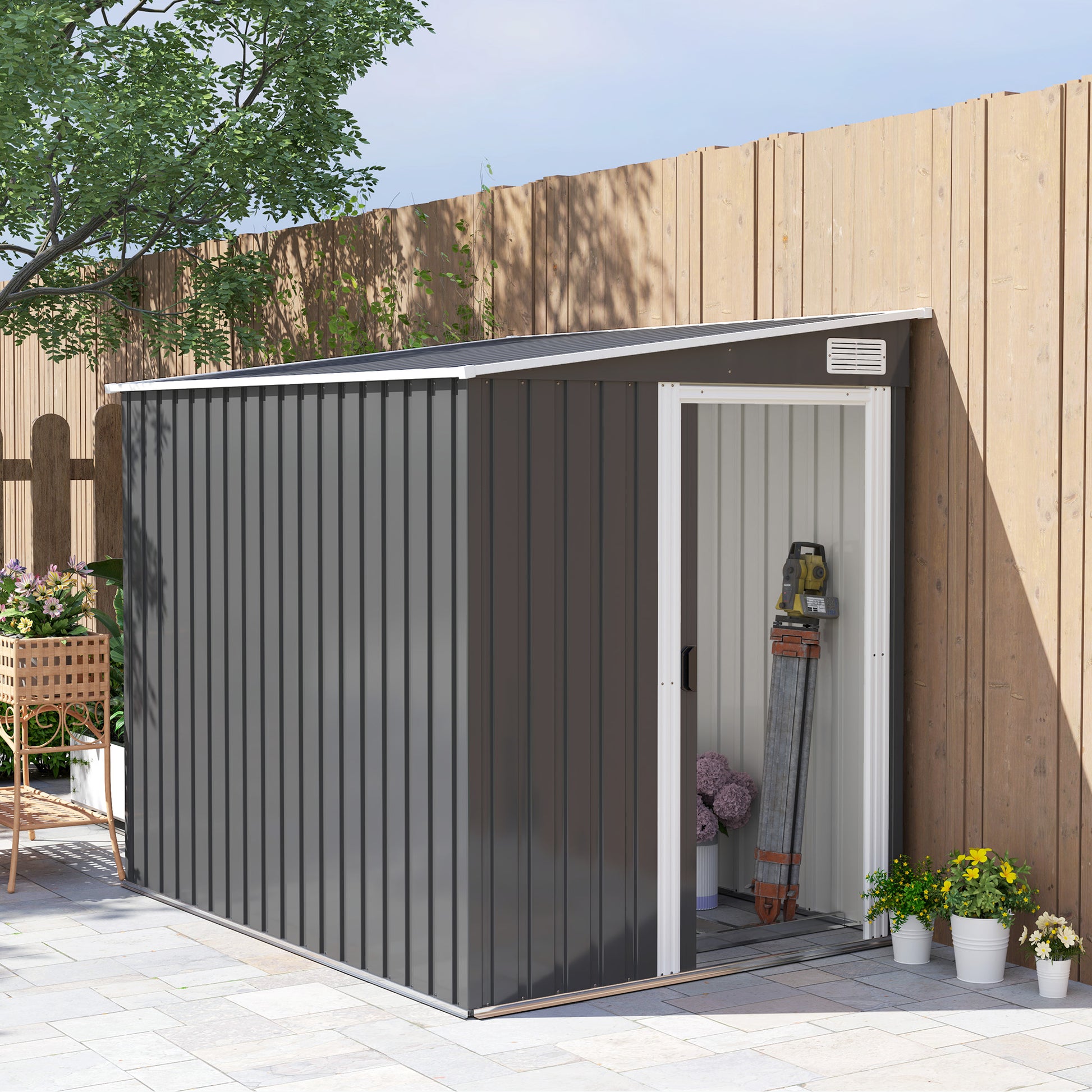 5'x7' Lean to Galvanized Metal Shed with Foundation, Garden Tool Storage House with Sliding Door and 2 Vents, Dark Grey Sheds Dark Grey at Gallery Canada