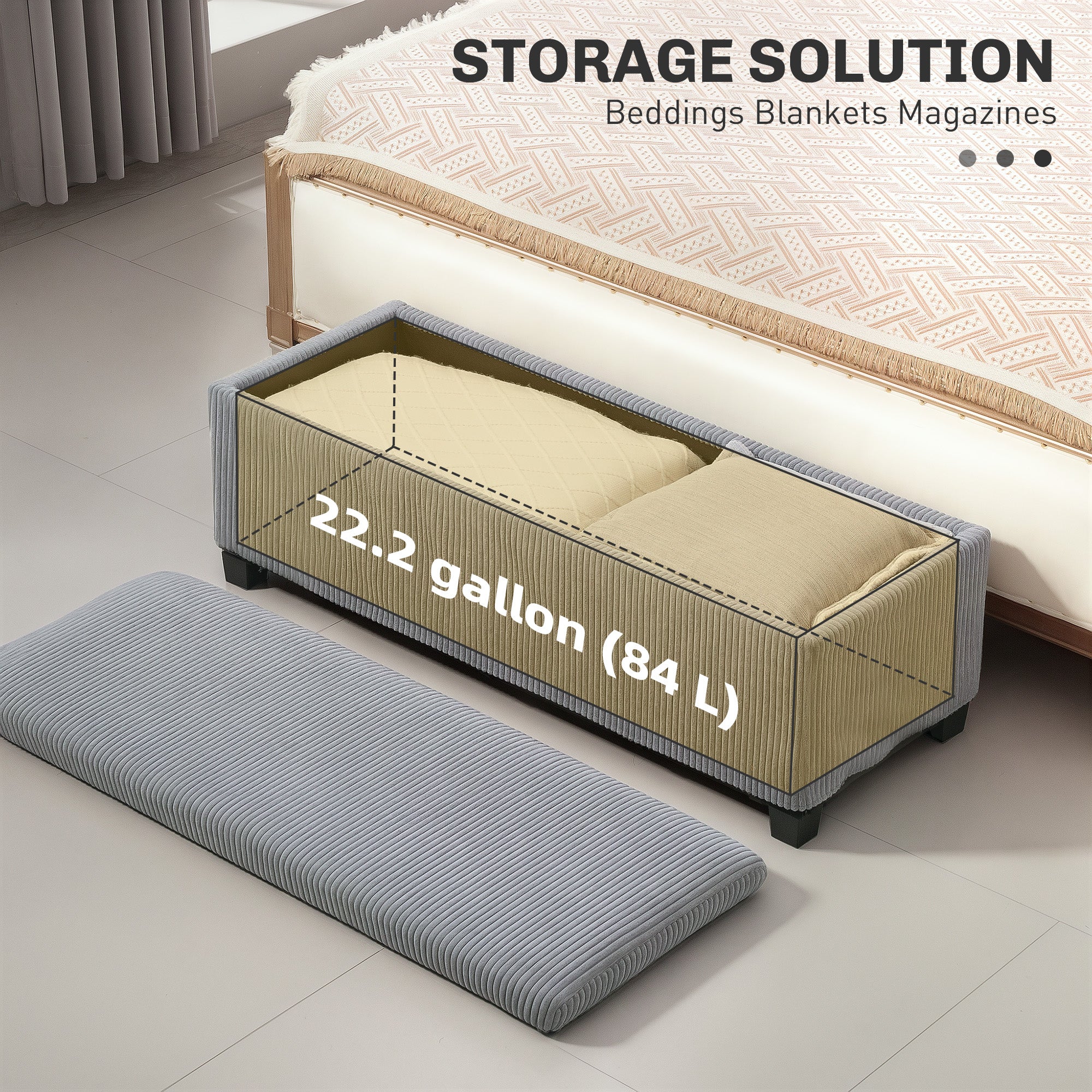 44 Inches Ottoman with Storage, Lid, Legs, Corduroy End of Bed Bench for Living Room, Bedroom, Entryway, Light Grey Storage Ottomans & Benches at Gallery Canada