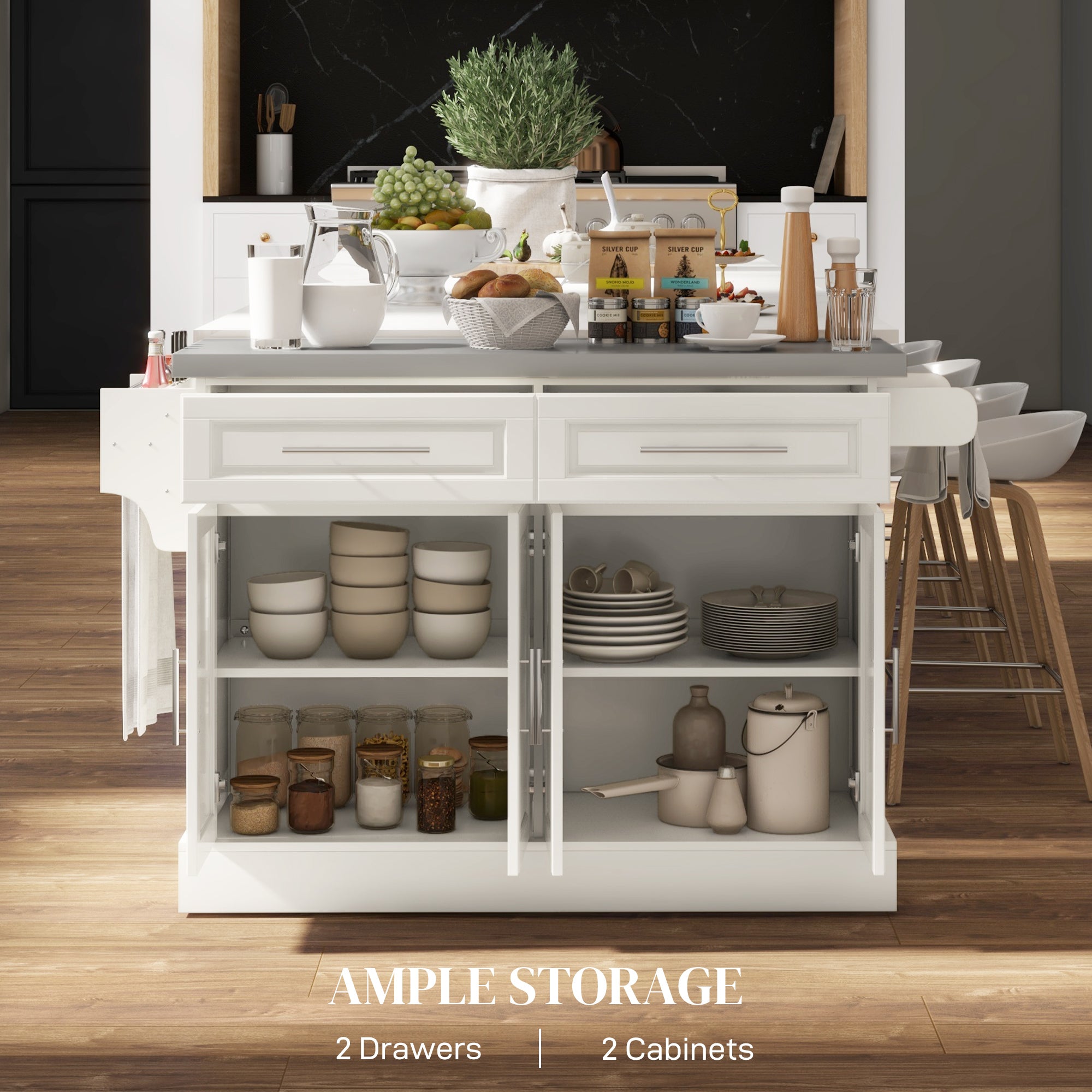 Rolling Kitchen Island with Storage and Stainless Steel Top, Kitchen Trolley with Drawers, Cabinets, Towel Rack, Cream Kitchen Islands & Kitchen Carts at Gallery Canada