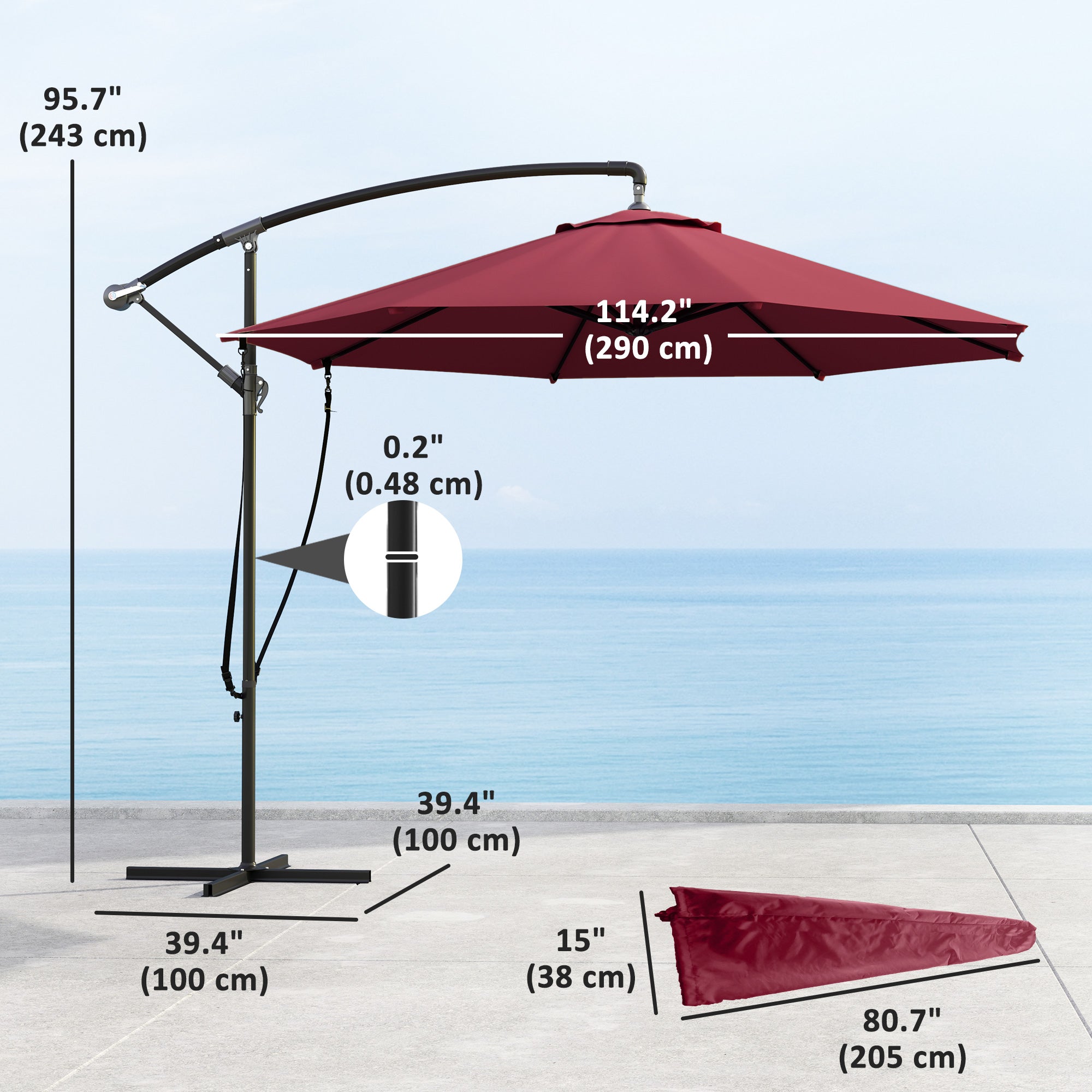 9.5' Cantilever Umbrella with Wind Protection Strap and Cover, Hanging Umbrella with Crank and Cross Base, UPF 50+, Red Offset Cantilever Umbrellas at Gallery Canada