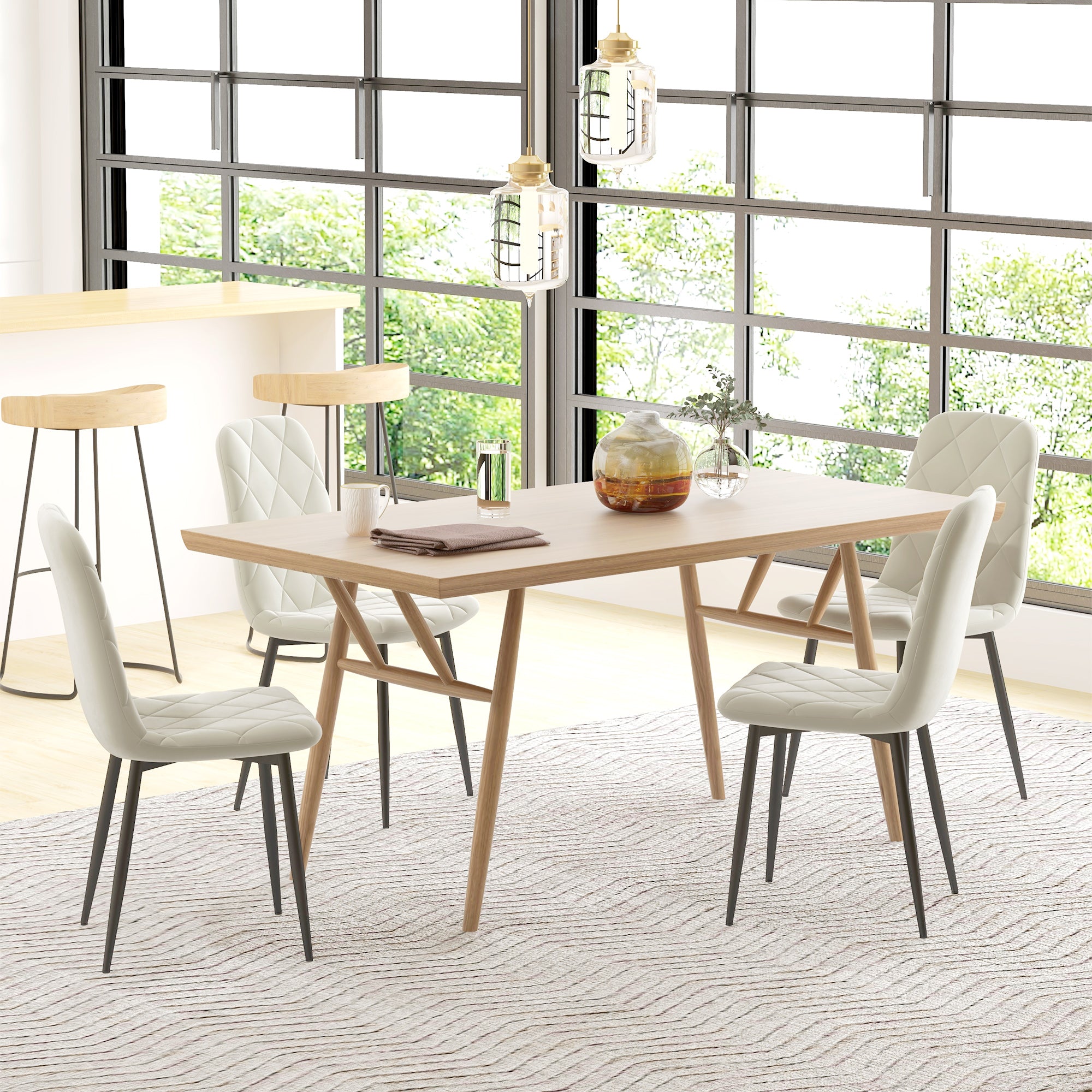 Dining Chairs Set of 4, Upholstered Dining Room Chairs with Steel Legs, Modern Kitchen Chair for Dining Room, Cream Bar Stools   at Gallery Canada