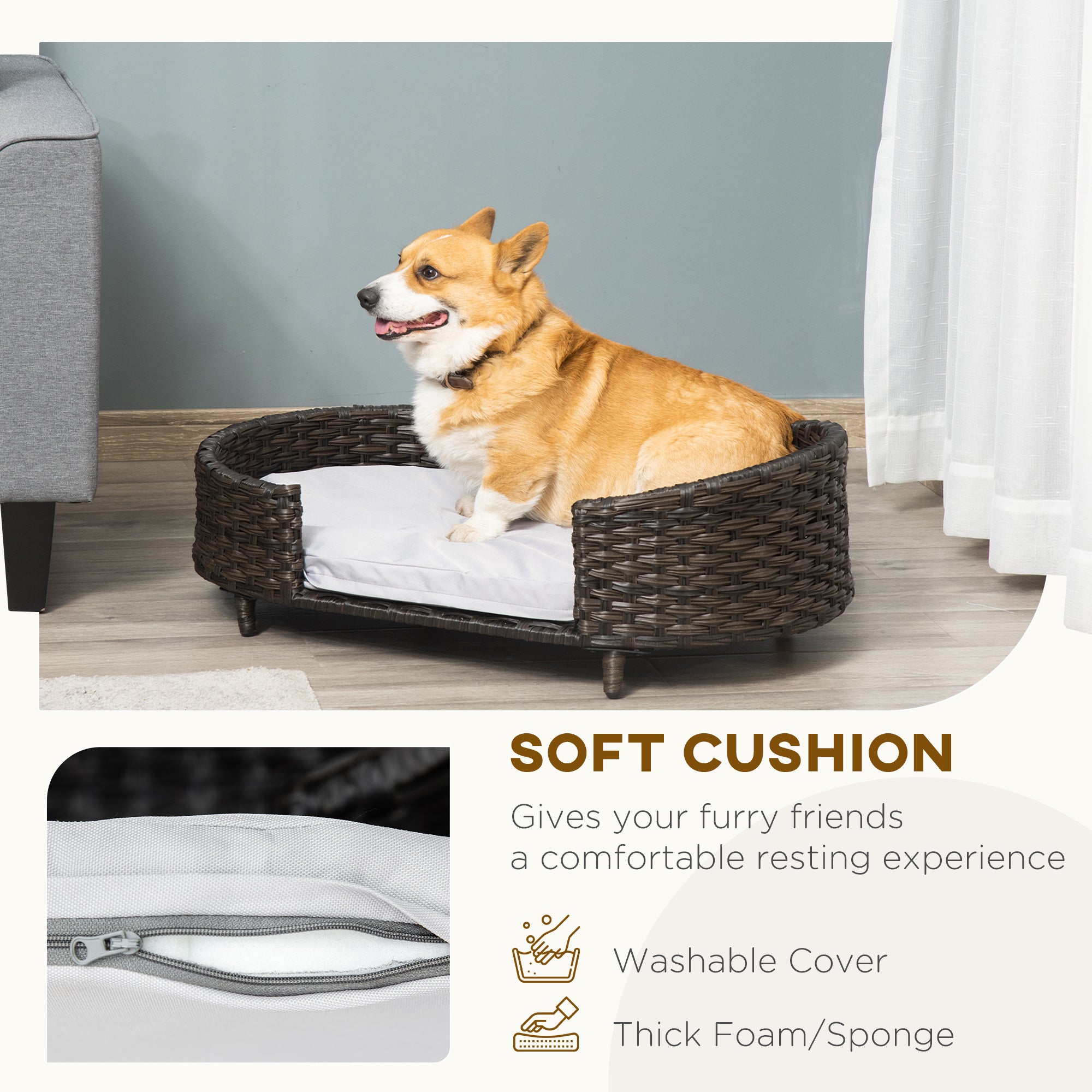 Raised Ratten Dog Bed Sofa, Elevated Wicker Cat Couch Bed with Removable Soft Cushion Washable Cover, for Small &; Medium Dogs, Charcoal Grey Dog Sofas at Gallery Canada