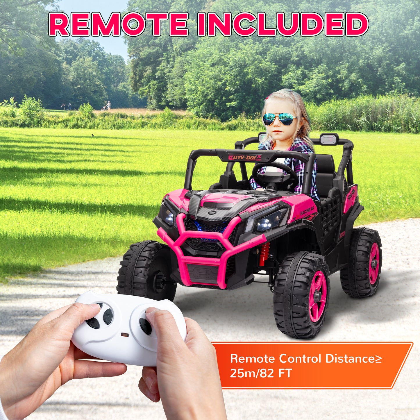 2 Seater 24V Electric Car for Kids w/ Remote Control, 3 Speed, LED Lights, Music, Horn, Spring Suspension, Pink Electric Toy Cars   at Gallery Canada