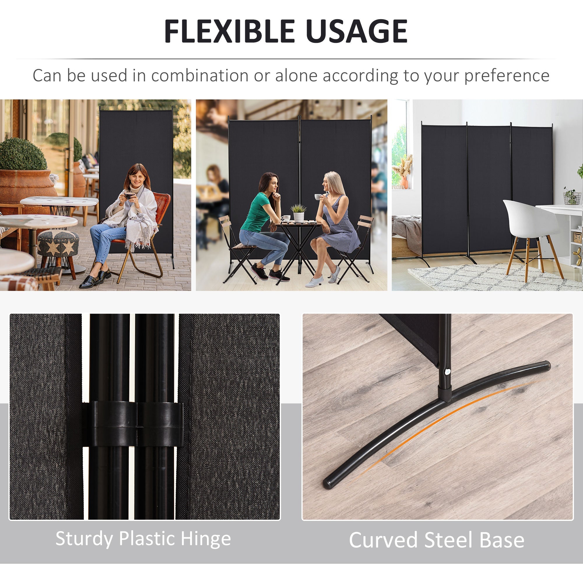 6' 3 Panel Room Divider, Double Hinged Folding Wall Divider, Indoor Privacy Screen for Home Office, Black Room Dividers   at Gallery Canada