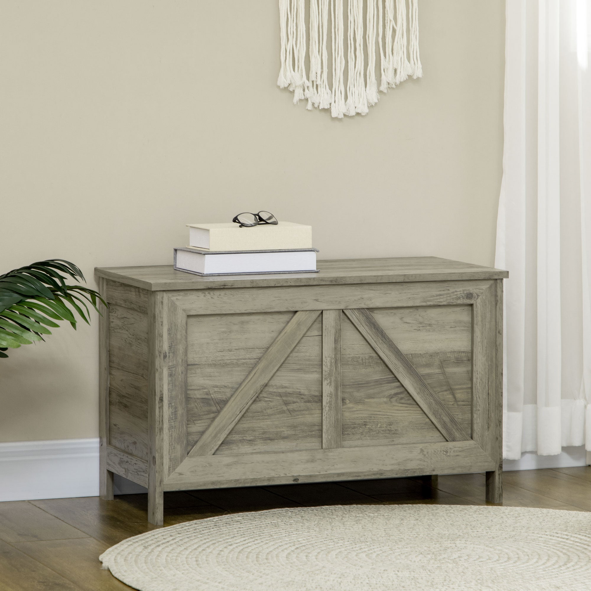 Storage Trunk Box Organizer with Farmhouse Panel, Safety Hinge to Open Up 100°, Grey Wood Grain Storage Cabinets at Gallery Canada