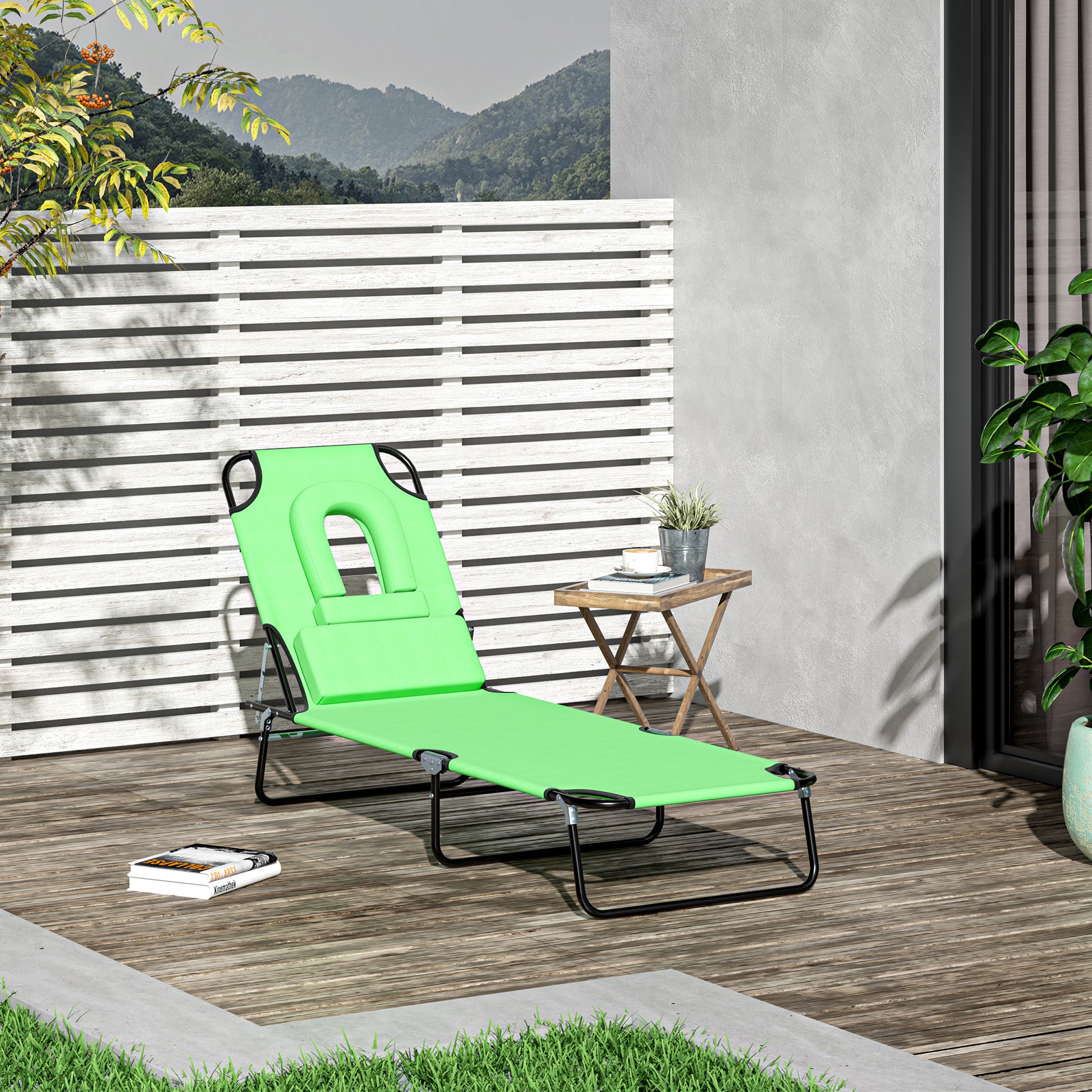 Adjustable Folding Outdoor Lounge Chair with Reading Hole and Pillow, Green Lounger Chairs Green  at Gallery Canada