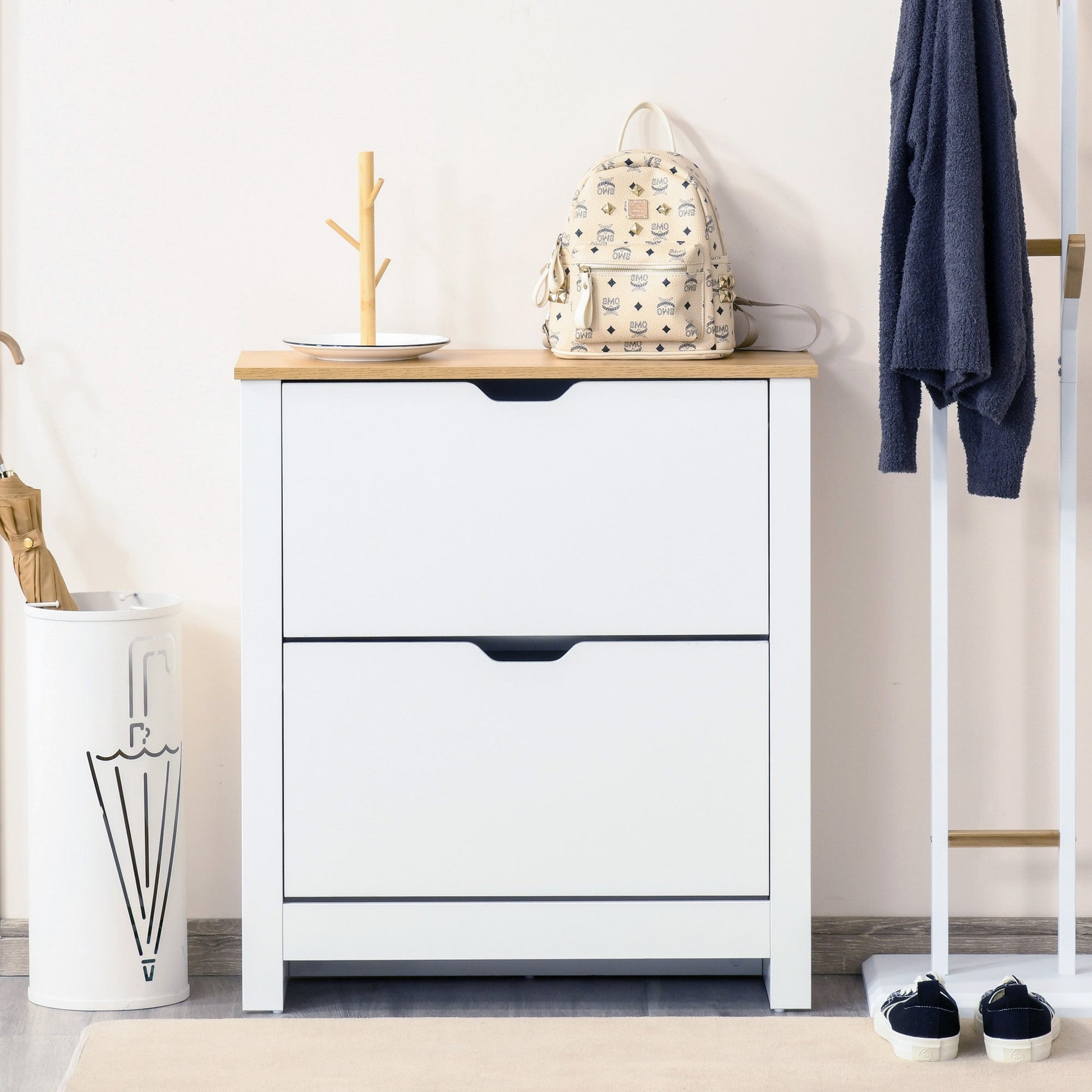 Shoe Storage Cabinet with 2 Flip Drawers and Adjustable Shelves, Narrow Shoe Cupboard for 12 Pairs of Shoes, White Shoe Storage Cabinets & Racks   at Gallery Canada