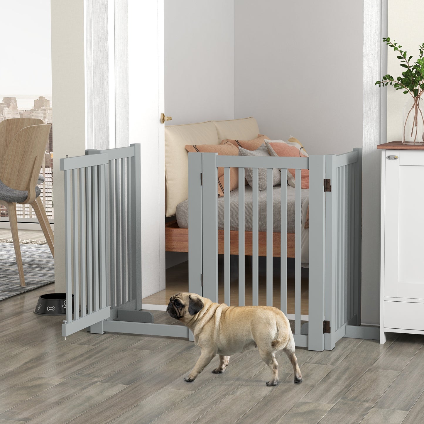 4 Panel Free Standing Wooden Pet Gate with Open Door Light Grey Houses, Kennels & Pens Light Grey  at Gallery Canada