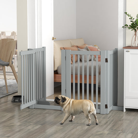 4 Panel Free Standing Wooden Pet Gate with Open Door Light Grey Houses, Kennels & Pens   at Gallery Canada