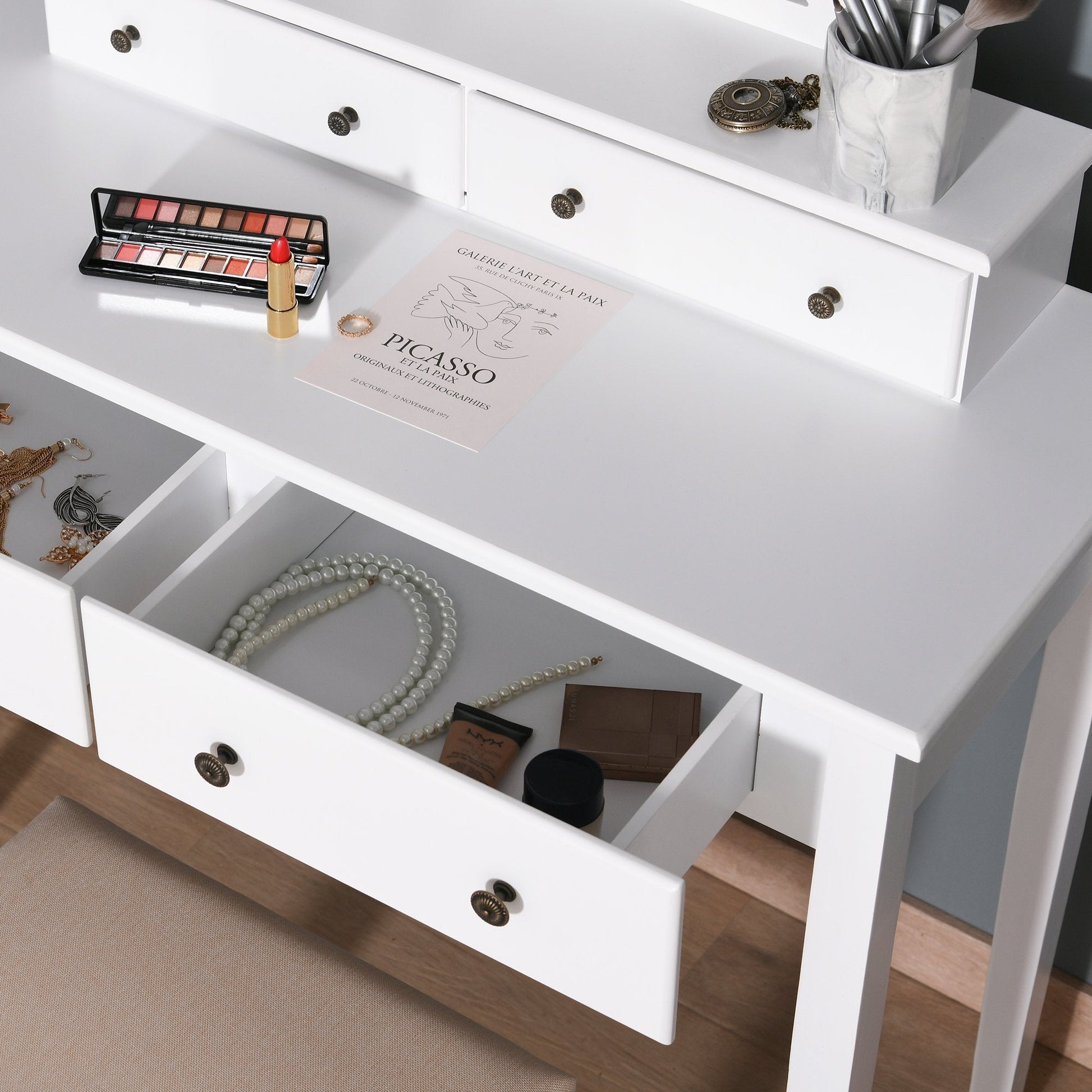 Vanity Dressing Table with 360° Rotating Mirror and Cushioned Stool, Makeup Desk Dresser with 4 Drawers, White Dressing & Vanity Tables   at Gallery Canada