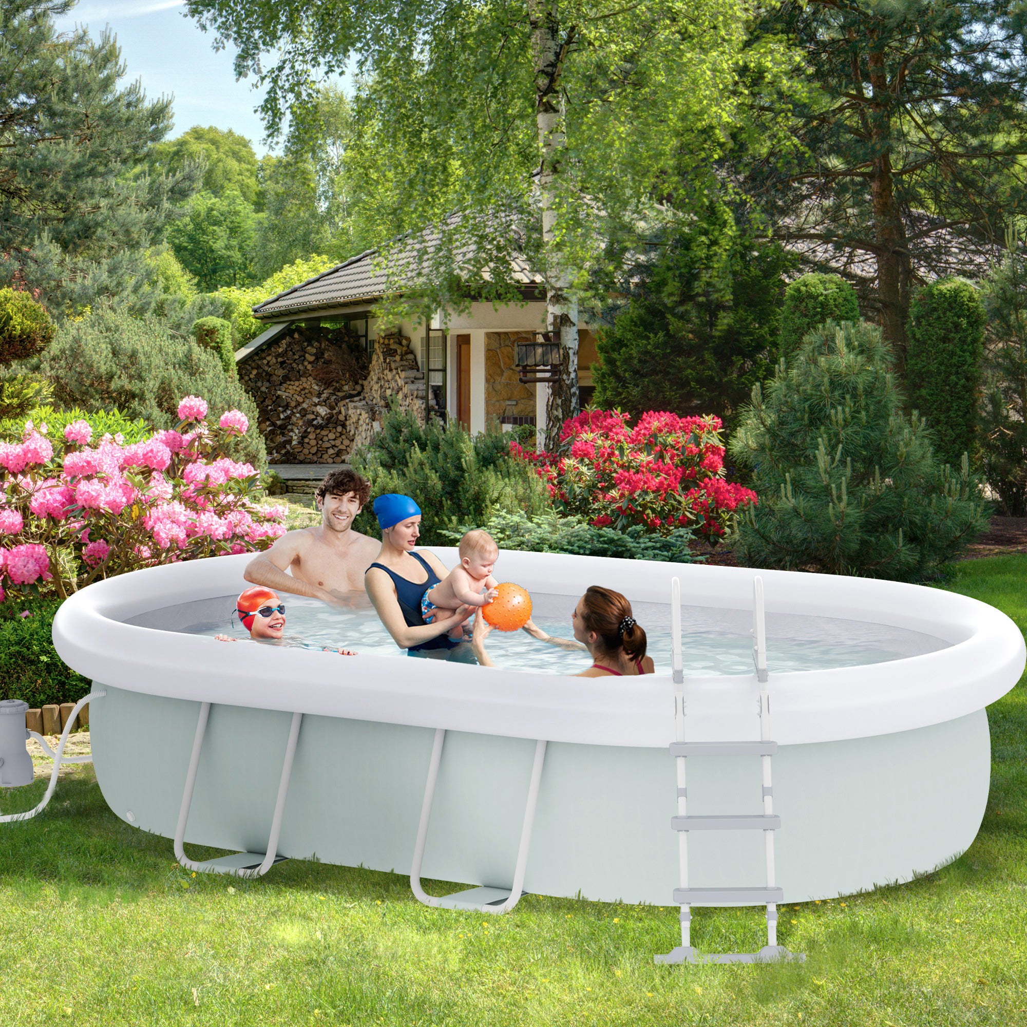18' x 10' x 3.5' Above Ground Swimming Pool, Non-Inflatable Rectangular Steel Frame Pool with Filter Pump, Safety Ladder for 1-8 People, Grey Outdoor Swimming Pools & Hot Tubs at Gallery Canada
