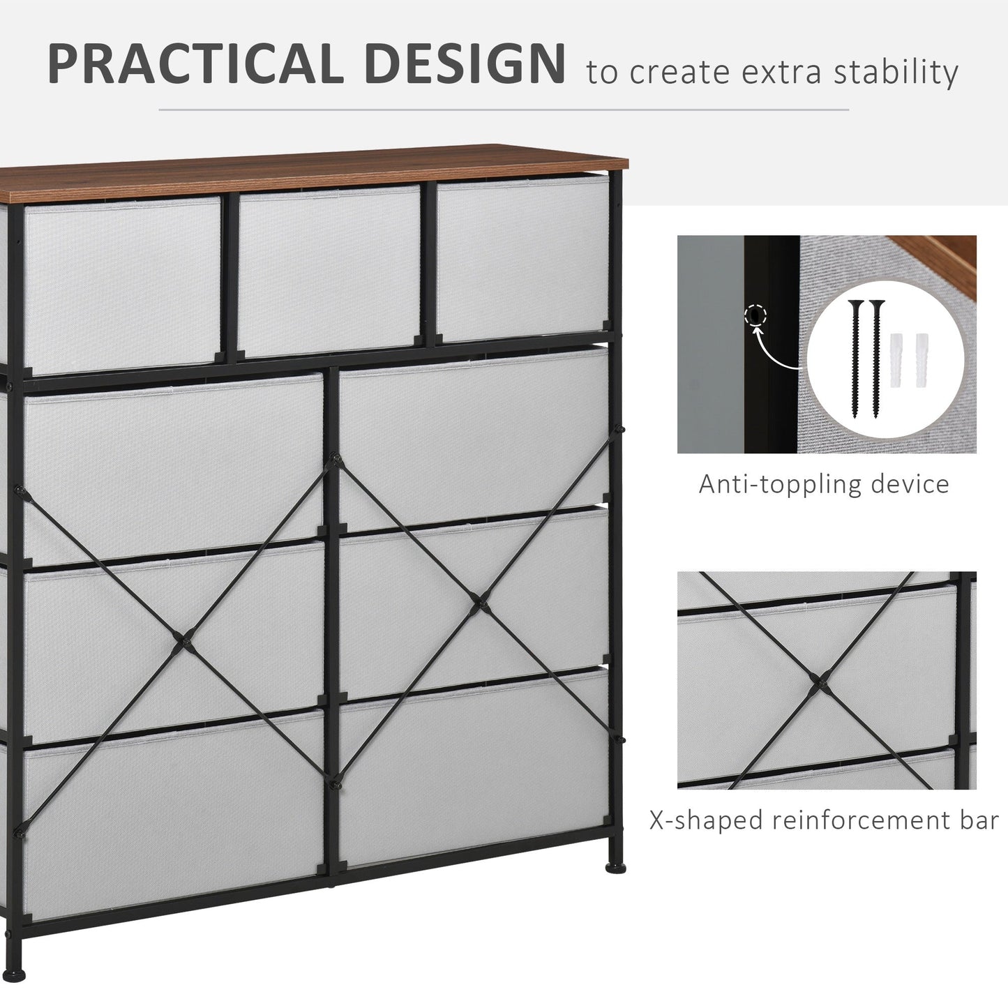 9 Bins Storage Chest Dresser Organizer Unit w/ Steel Frame, Wood Top, Easy Pull Fabric Bins, for Living Room, Hallway, Entryway Storage Cabinets   at Gallery Canada