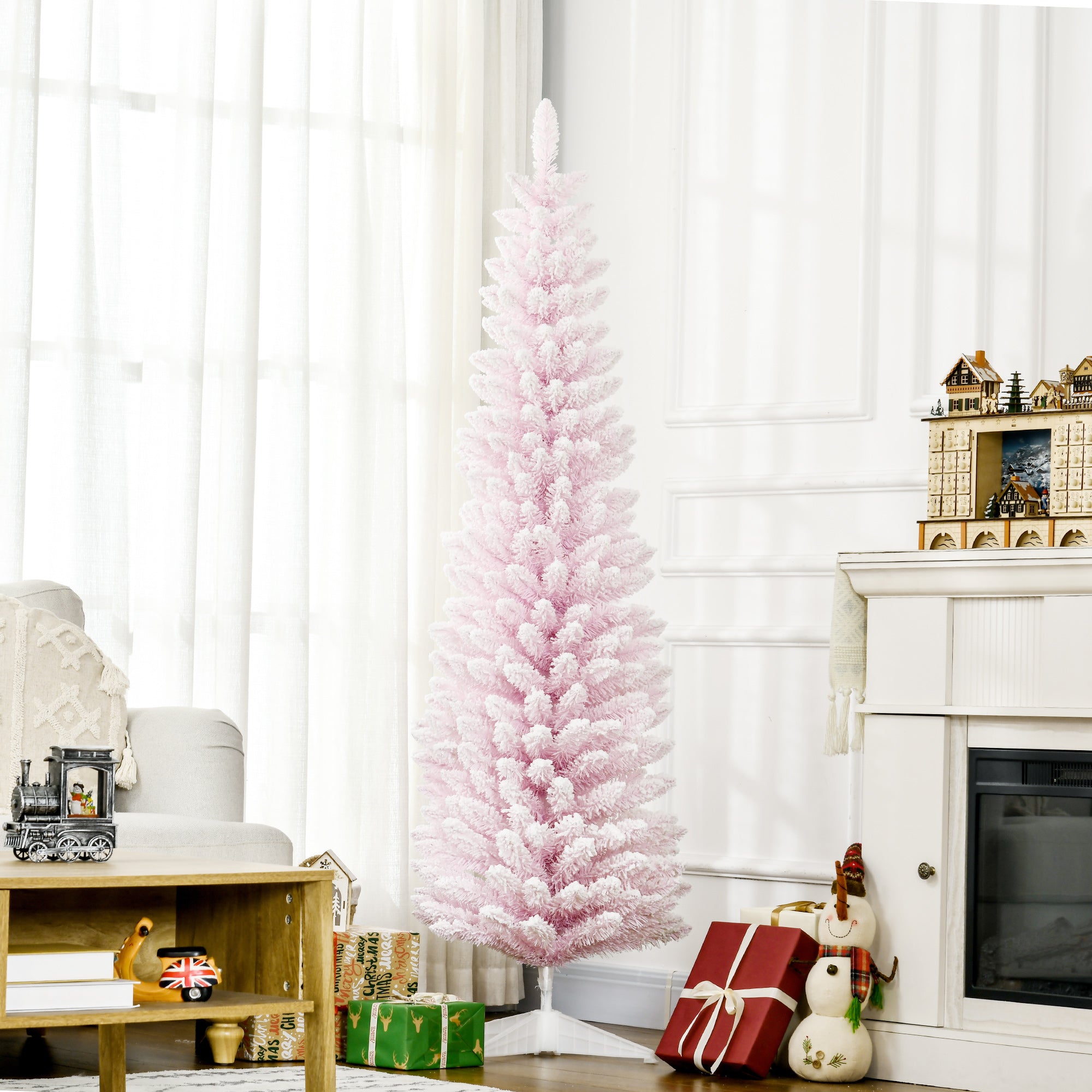 6ft Flocked Christmas Tree, Pencil Artificial Christmas Tree with Realistic Branches, Pink Pencil Christmas Trees   at Gallery Canada