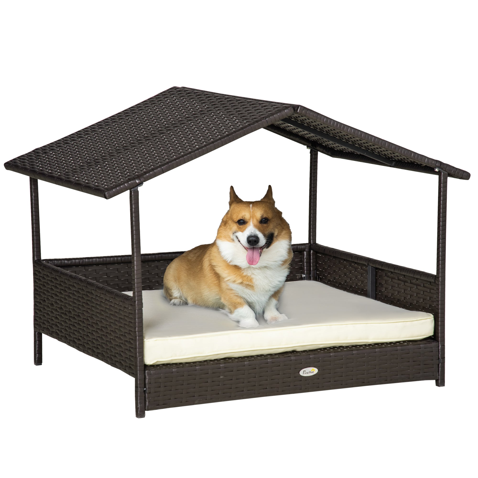 Elevated Rattan Dog House Outdoor with Canopy, Wicker Dog Bed with Water-Resistant Cushion, for Small and Medium Dogs Cream White Houses, Kennels & Pens Dark Coffee Rattan, Cream White at Gallery Canada