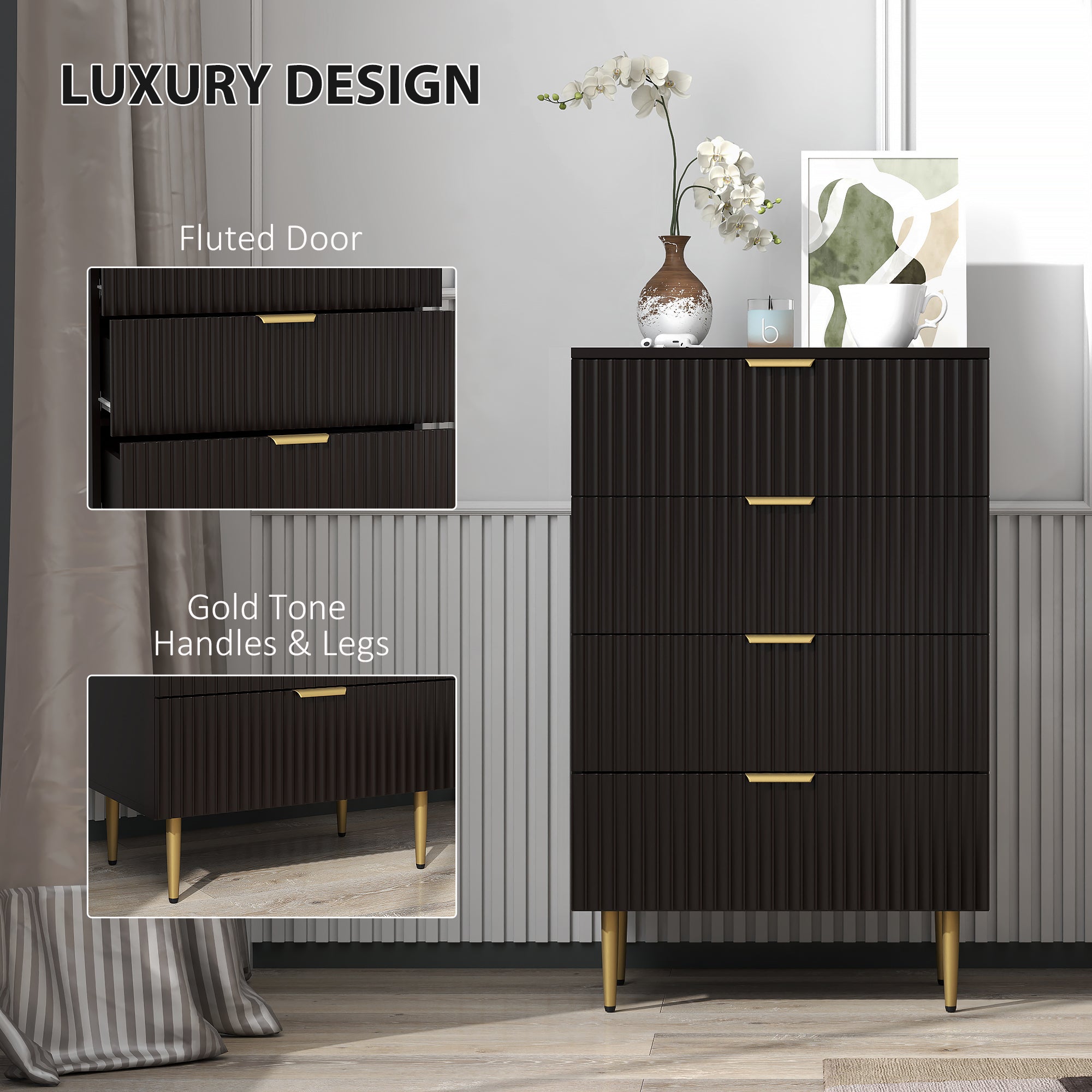 Modern Chest of Drawers 4 Drawer Dresser for Bedroom with Gold Legs and Handles, Black Storage Cabinets at Gallery Canada