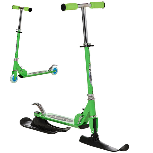 Snow Scooter, 2 in 1 Design Adjustable Height Scooter Snow Sled for Kids Aged Over 7 Years Old, Kids Sled Ski Scooter with Wheels Blades, Green