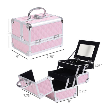 3 Tier Diamond Texture Makeup Train Case Cosmetic Organizer with Mirror, Pink Makeup Cases   at Gallery Canada