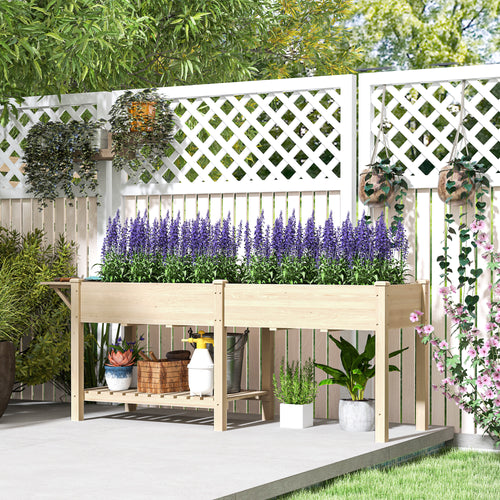 Raised Garden Bed, Wood Planter Box with Side Table, Bottom Shelf, Bed Liners and Drainage Holes, Natural