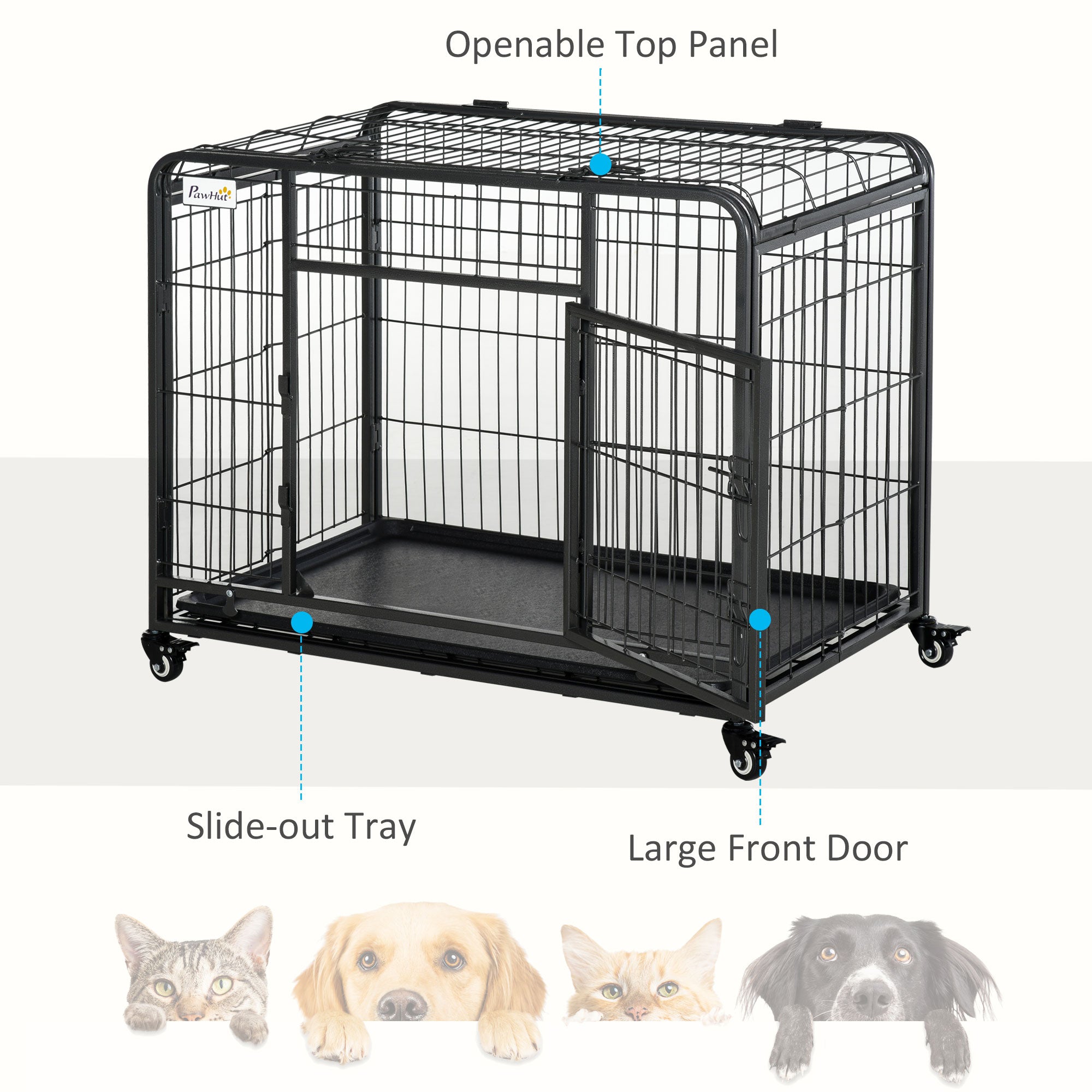 Folding Heavy Duty Dog Crate Heavy Duty Cage for Medium Sized Dogs with Double Doors, Lockable Wheels Tray, 37