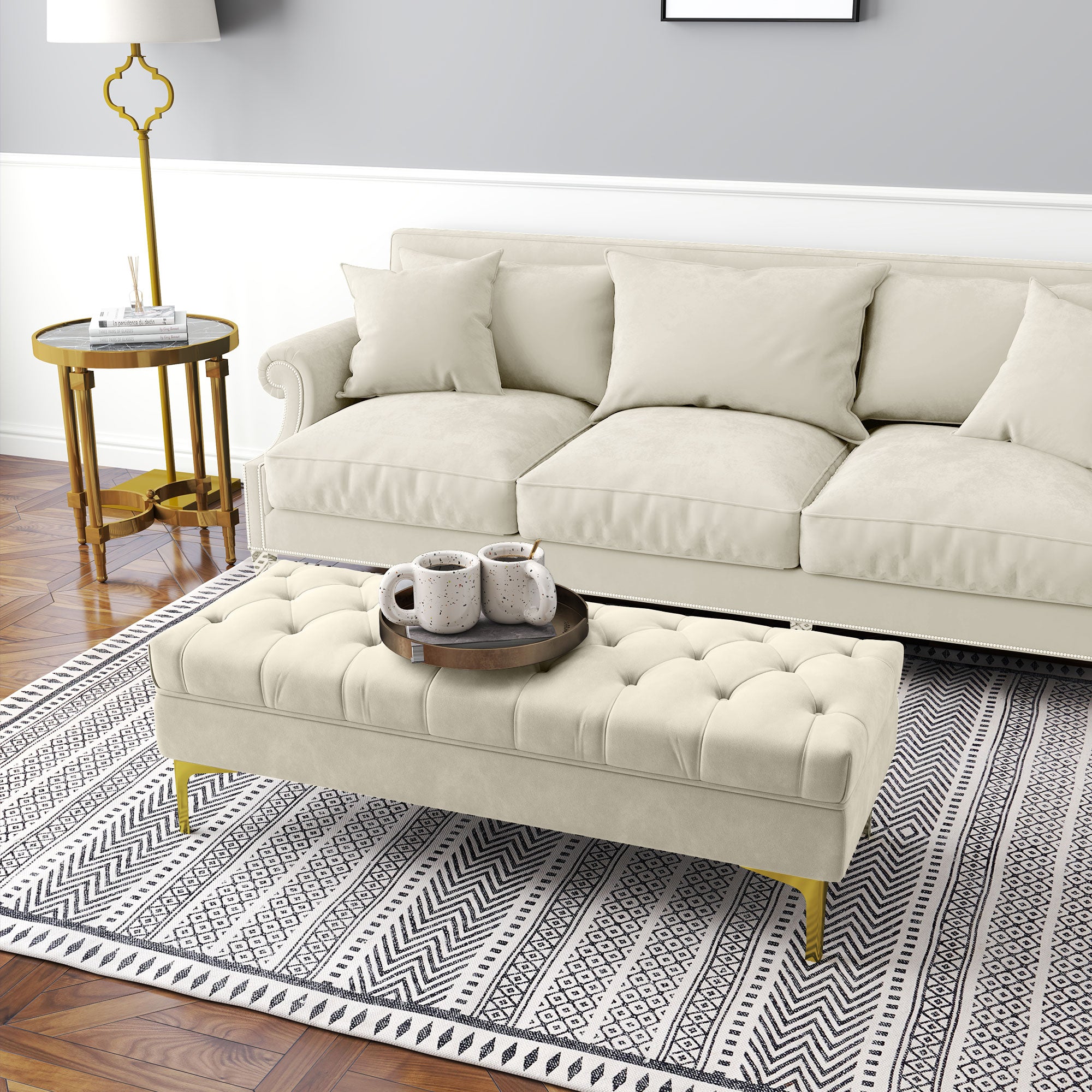 End of Bed Bench, Upholstered Bench, Entryway Shoe Bench with Button Tufted for Living Room, Bedroom, Cream White Storage Ottomans & Benches at Gallery Canada