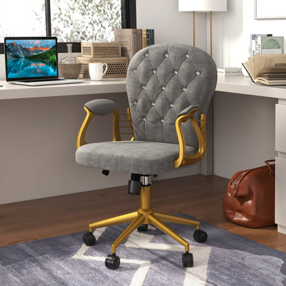 Velvet Office Desk Chair Button Tufted Vanity Chair with Swivel Wheels, Adjustable Height and Tilt Function, Grey Task Chairs   at Gallery Canada