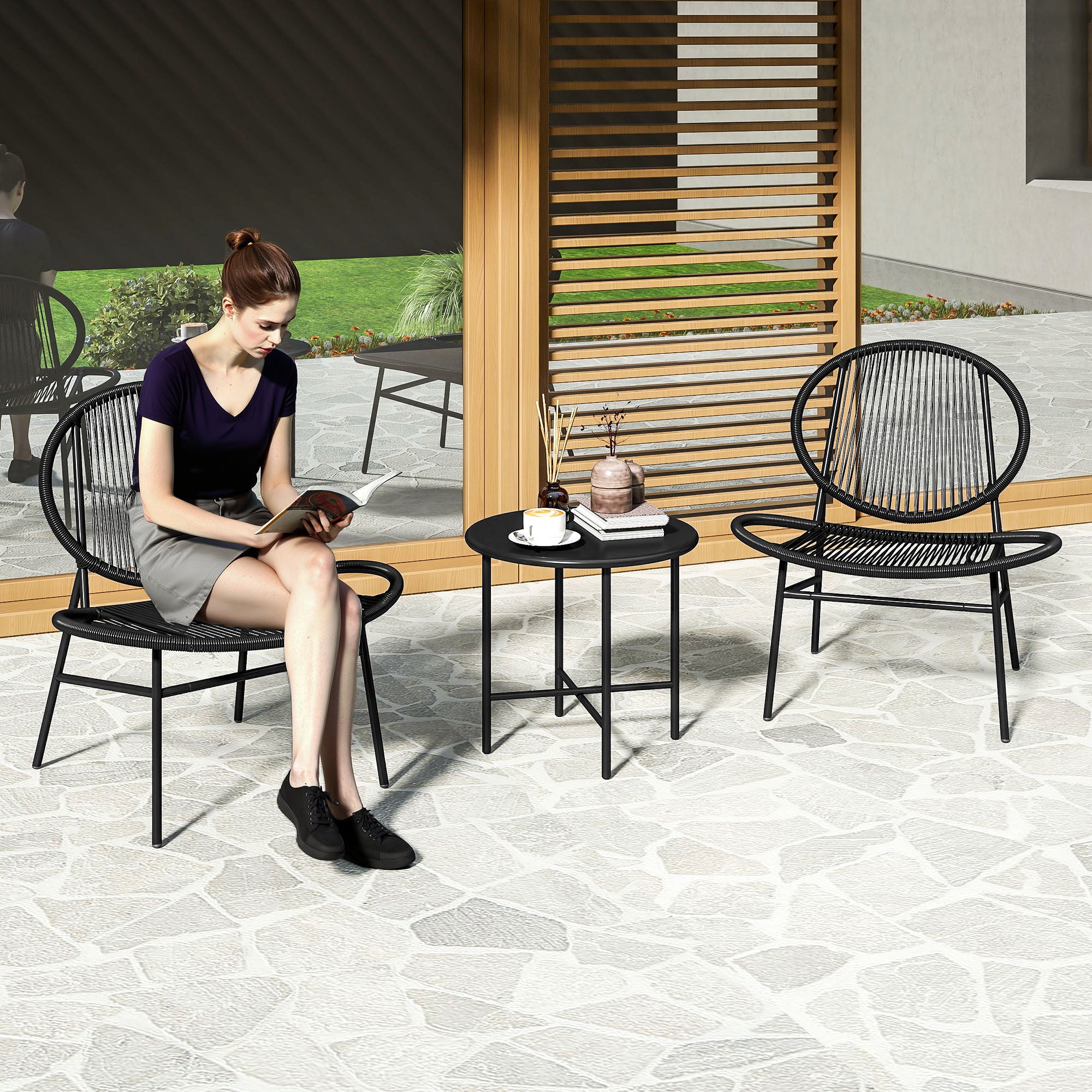 Rattan Bistro Set, 3 Pieces Wicker Patio Furniture Set, Acapulco Chairs and Steel Table for Porch, Balcony, Black Bistro Sets at Gallery Canada